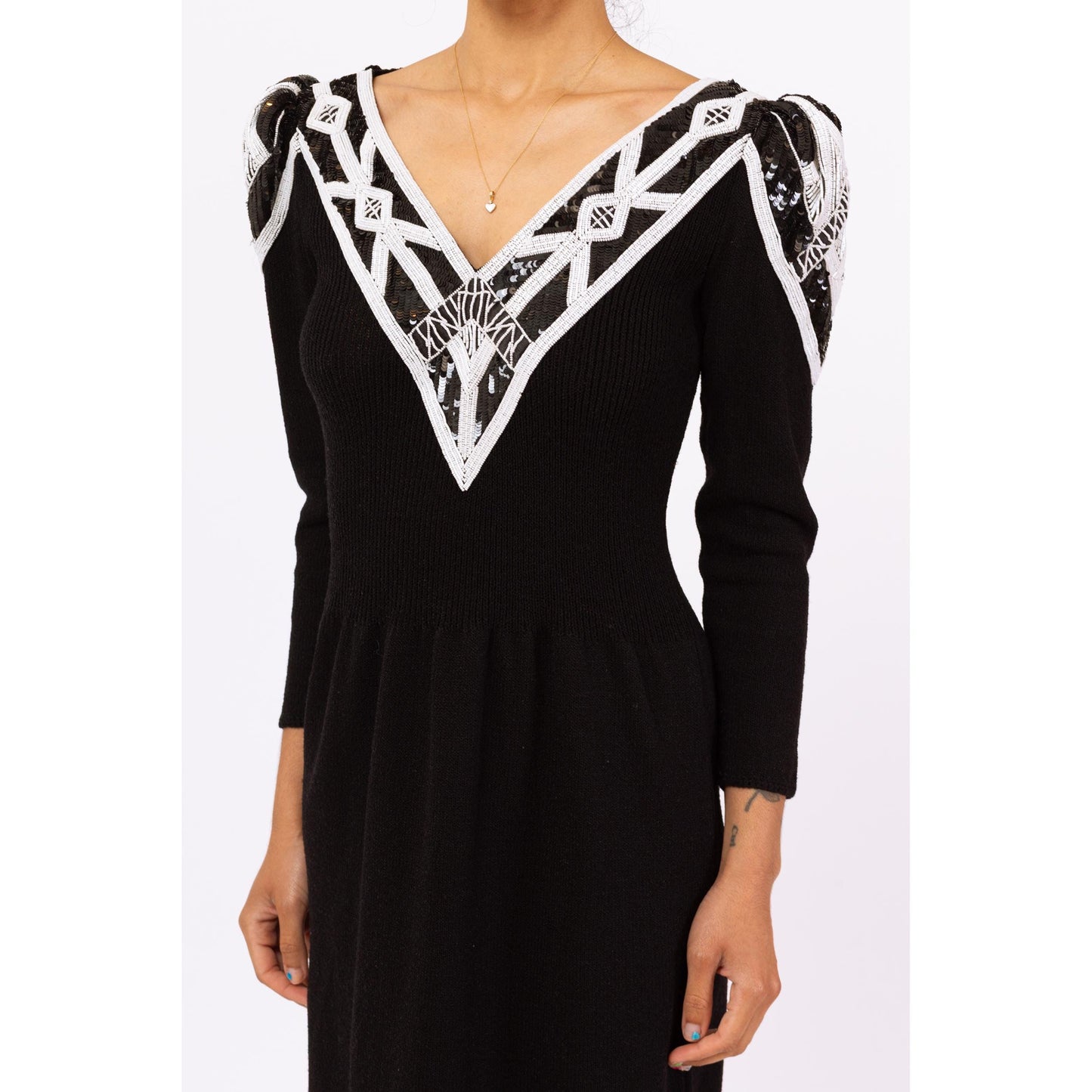 Vintage 80s Pat Sandler Black & White Beaded Knit Midi Sweater Dress - Small to Medium | Designer Long Sleeve Glam Formal Cocktail Dress