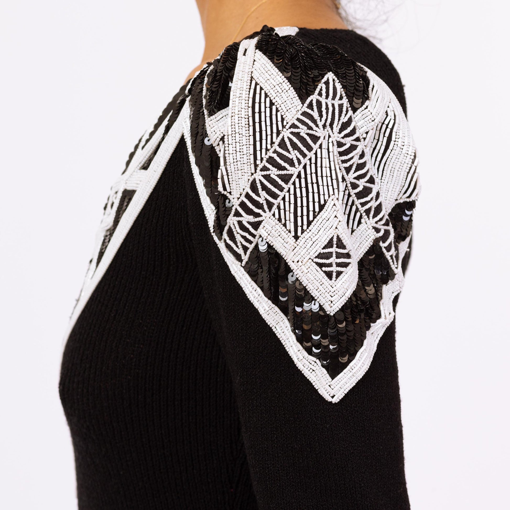 Vintage 80s Pat Sandler Black & White Beaded Knit Midi Sweater Dress - Small to Medium | Designer Long Sleeve Glam Formal Cocktail Dress