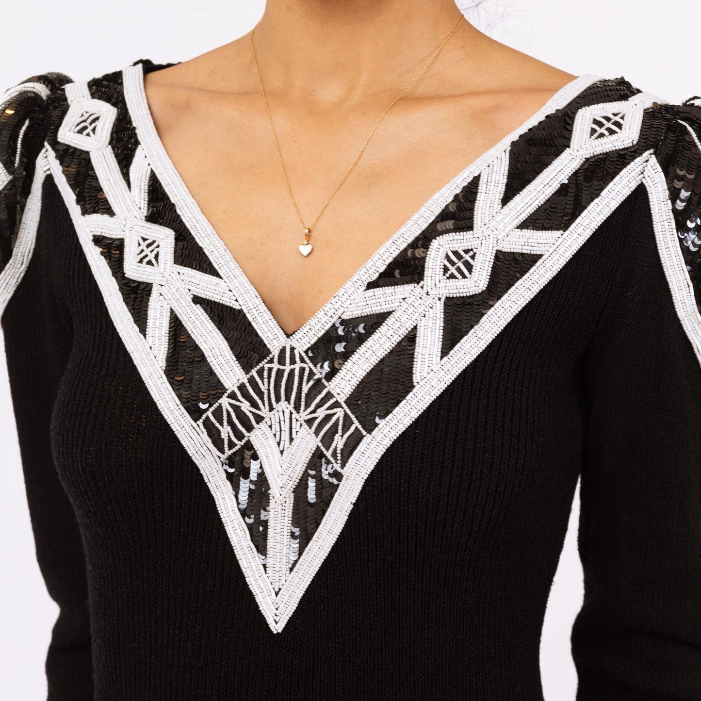 Vintage 80s Pat Sandler Black & White Beaded Knit Midi Sweater Dress - Small to Medium | Designer Long Sleeve Glam Formal Cocktail Dress