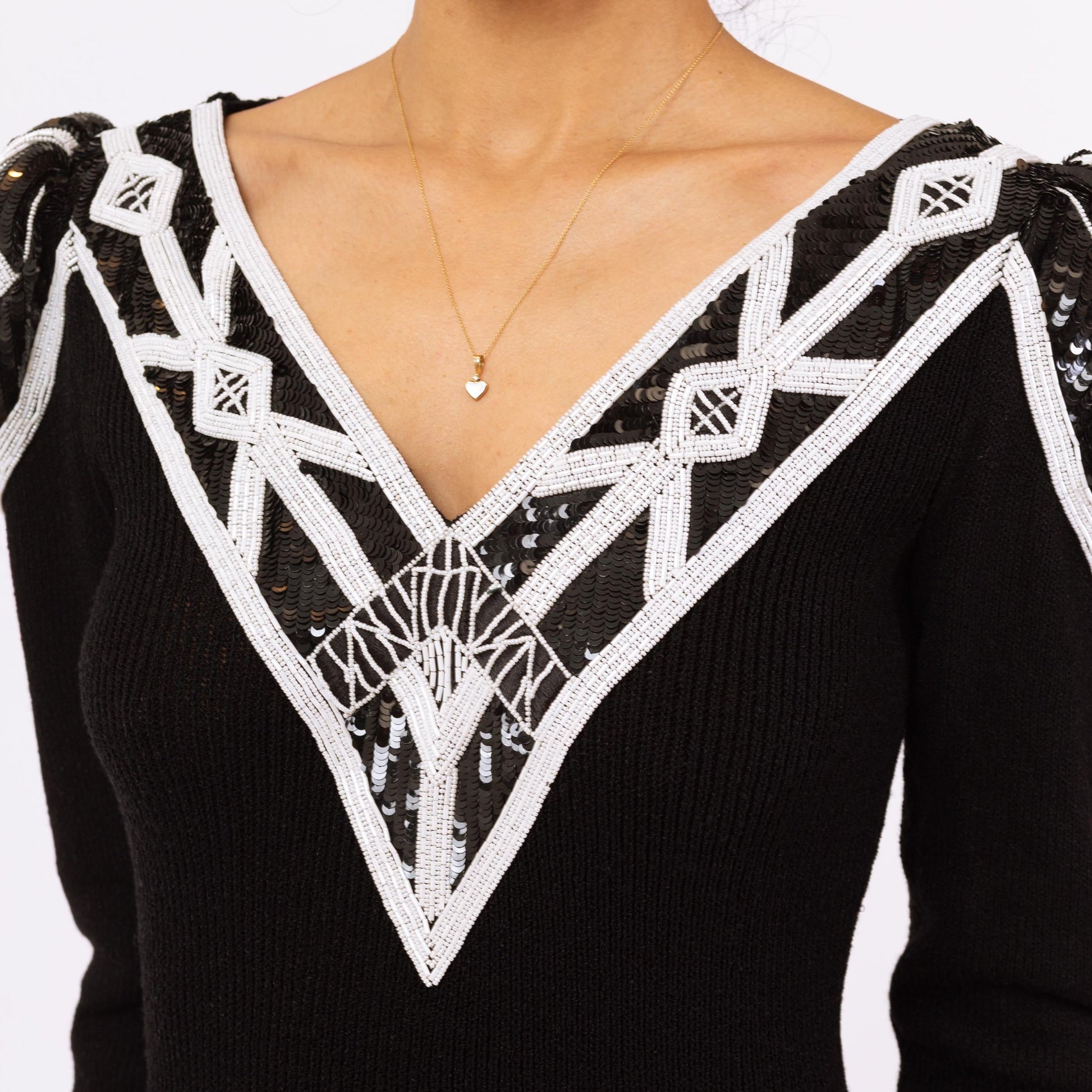 Vintage 80s Pat Sandler Black & White Beaded Knit Midi Sweater Dress - Small to Medium | Designer Long Sleeve Glam Formal Cocktail Dress