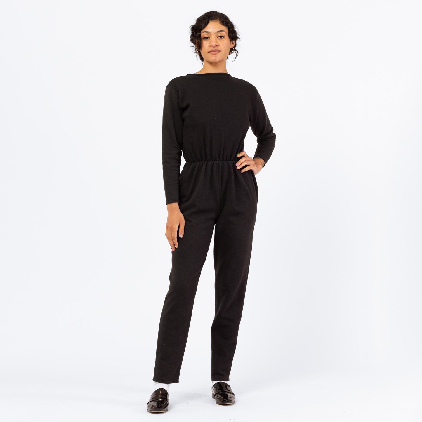Vintage 80s Black Deep V Lounge Jumpsuit - Small to Medium | Long Sleeve Sweatshirt One Piece, Minimalist Pantsuit