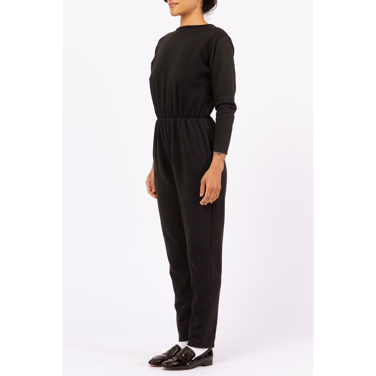 Vintage 80s Black Deep V Lounge Jumpsuit - Small to Medium | Long Sleeve Sweatshirt One Piece, Minimalist Pantsuit