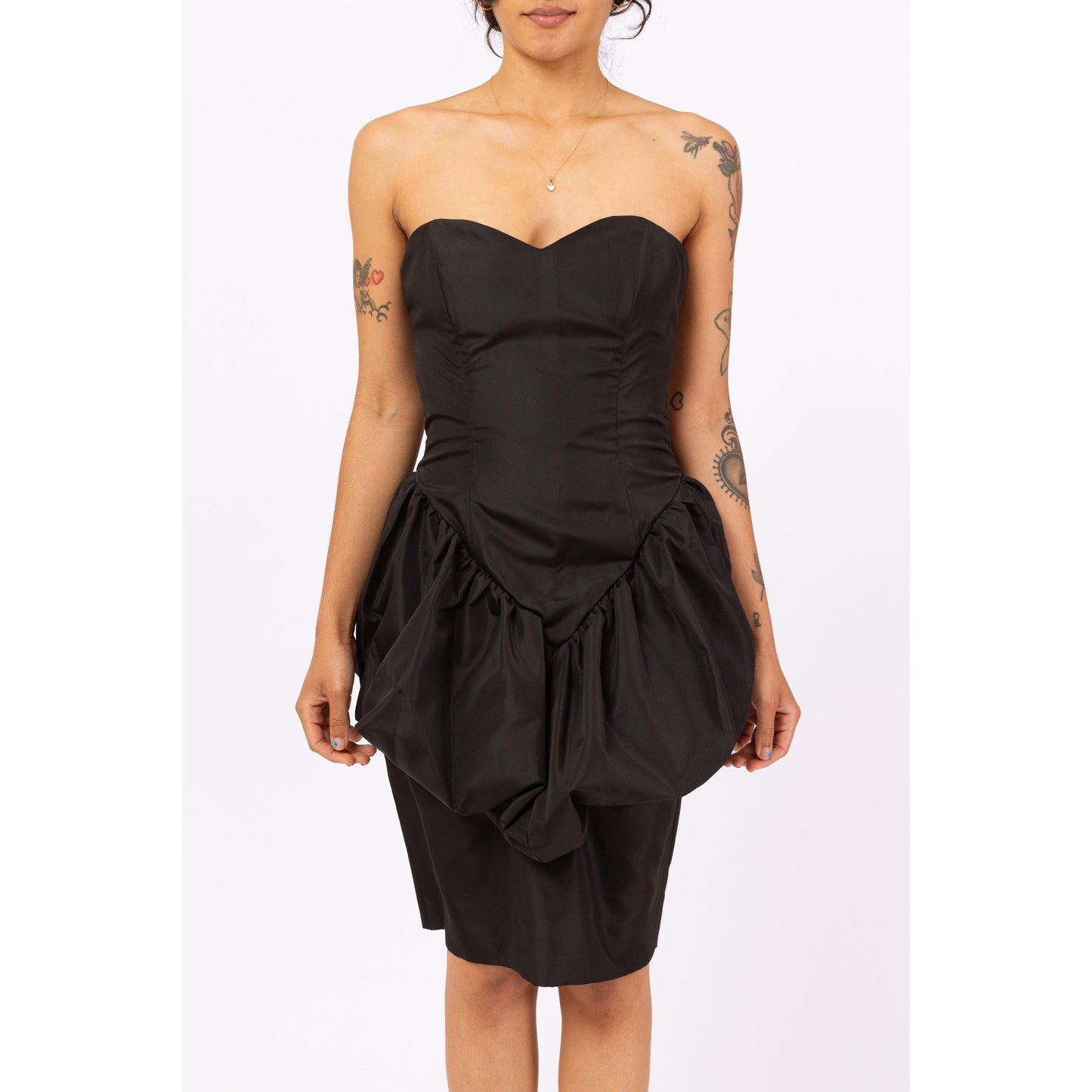 Vintage 80s Black Peplum Rose Party Dress - Small | Strapless Bubble Skirt Mini Dress, Retro 1980s Prom Dress