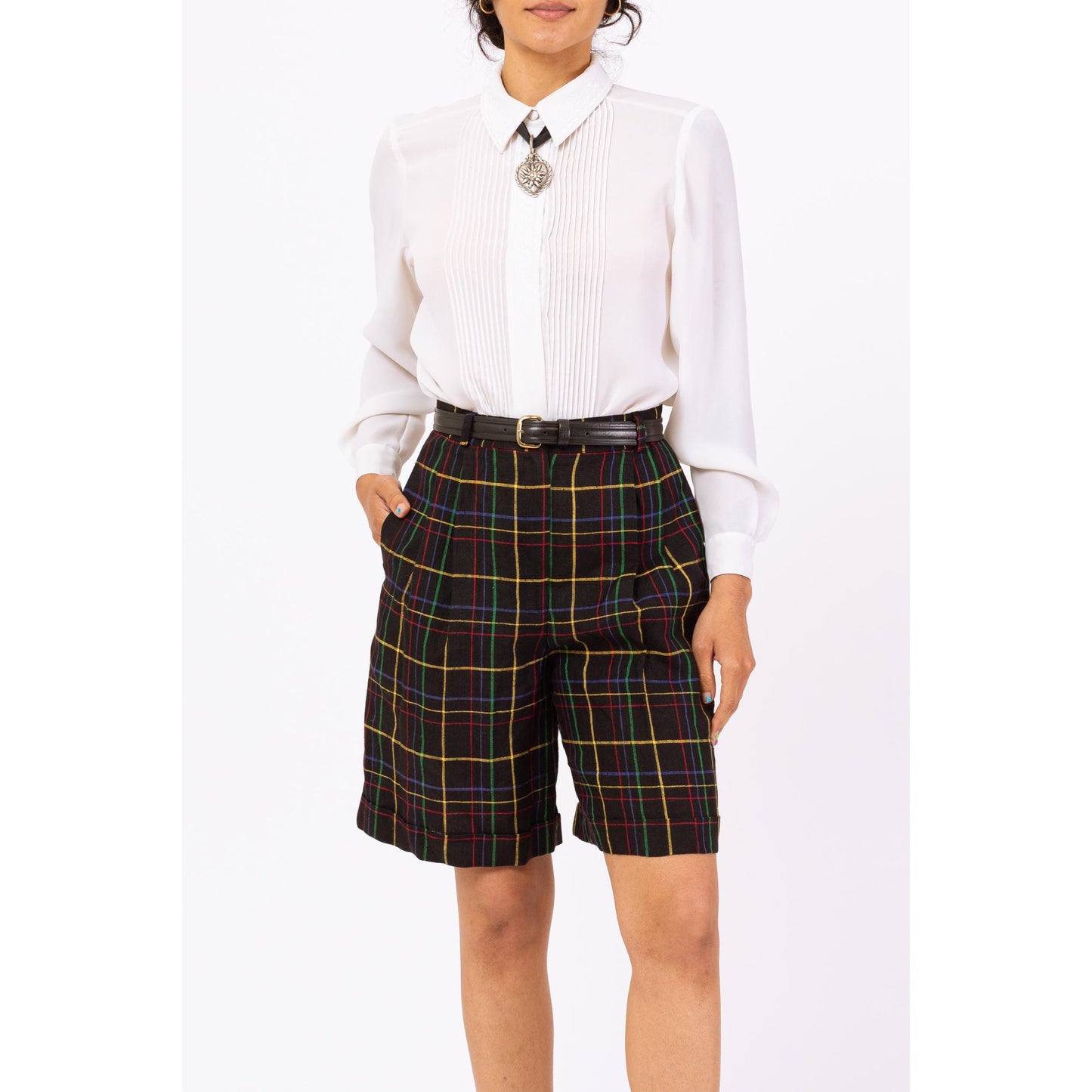 Vintage 90s Black Rainbow Plaid Linen Shorts - Small, 26" Waist | High Waisted Pleated Wide Leg Long Cuffed Shorts