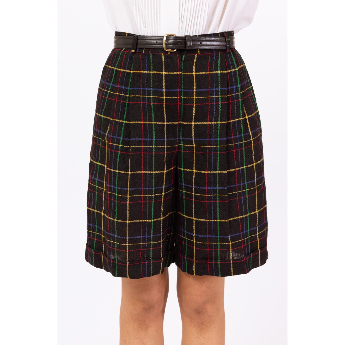 Vintage 90s Black Rainbow Plaid Linen Shorts - Small, 26" Waist | High Waisted Pleated Wide Leg Long Cuffed Shorts