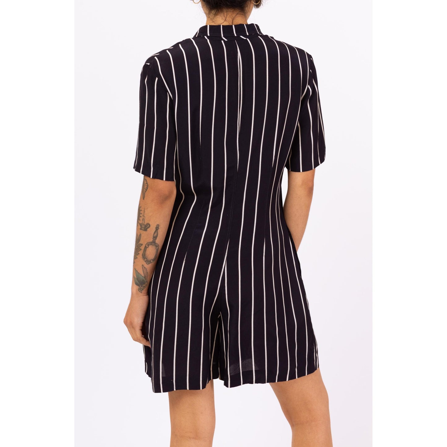 Vintage 90s Navy Blue Pinstriped Romper - Small | Minimalist Short Sleeve Collared Grunge Playsuit