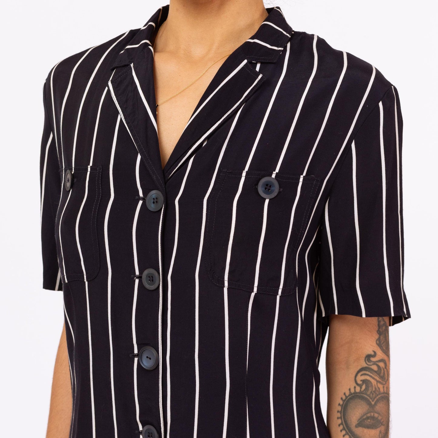 Vintage 90s Navy Blue Pinstriped Romper - Small | Minimalist Short Sleeve Collared Grunge Playsuit