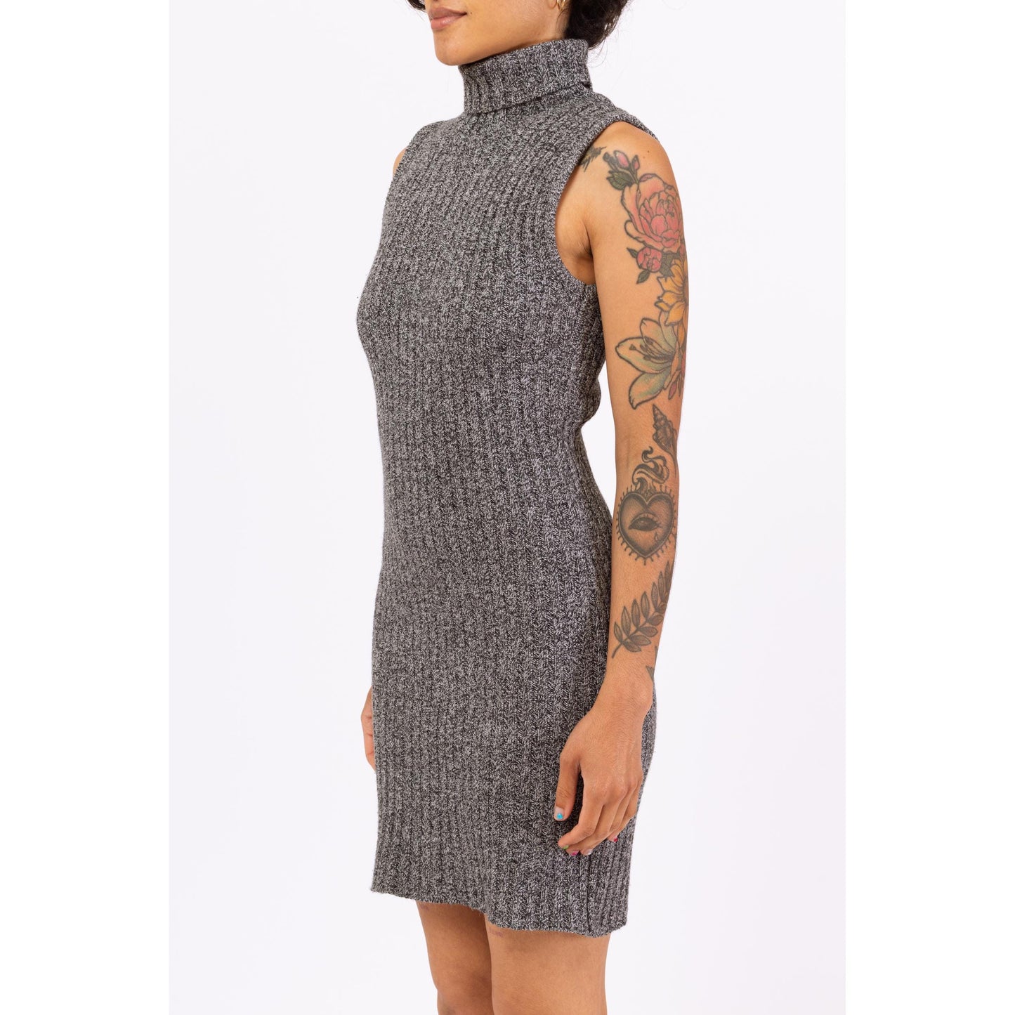 Vintage 90s Grey Ribbed Knit Mini Sweater Dress - Small to Medium | Minimalist Sleeveless Turtleneck Marled Knit Bodycon Dress