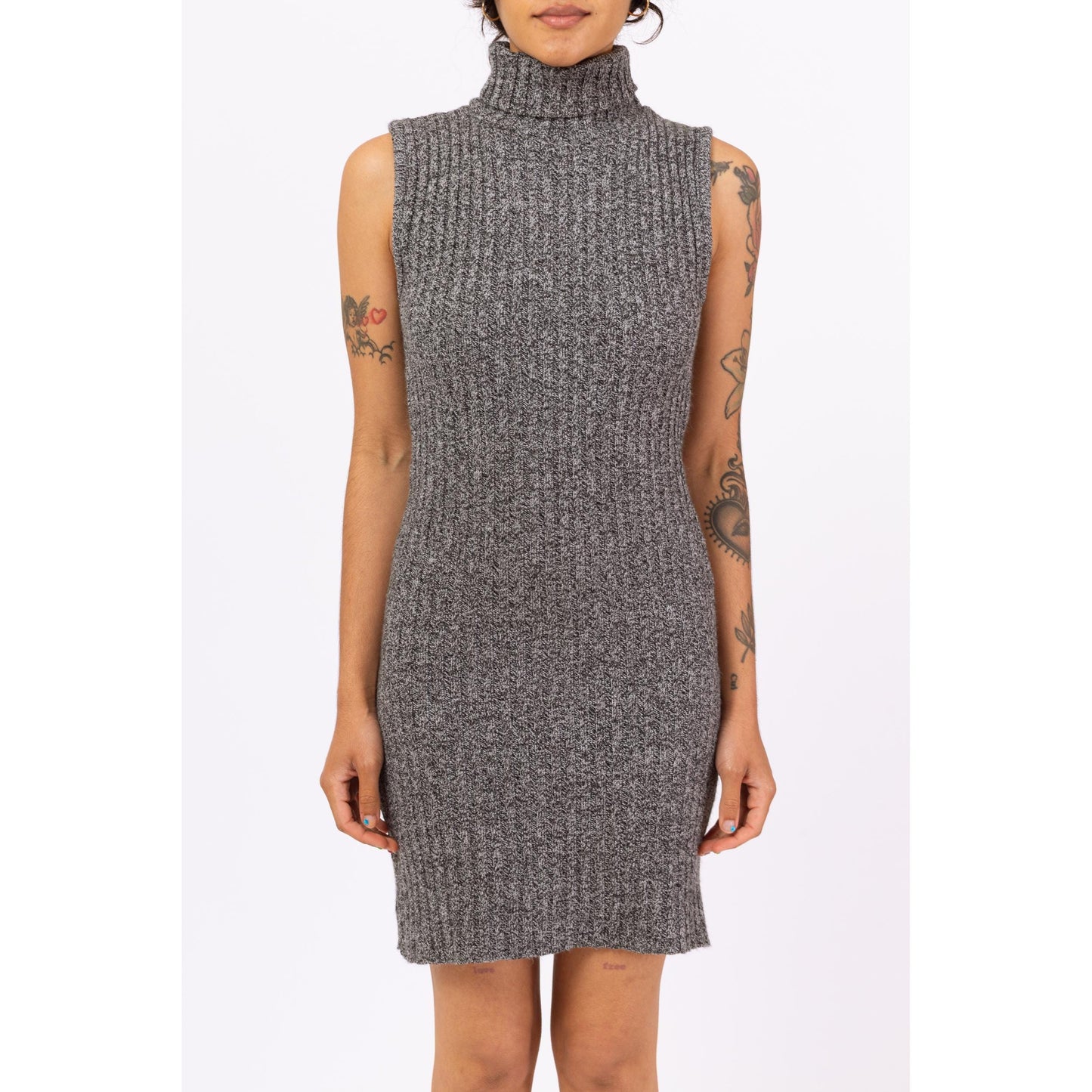 Vintage 90s Grey Ribbed Knit Mini Sweater Dress - Small to Medium | Minimalist Sleeveless Turtleneck Marled Knit Bodycon Dress