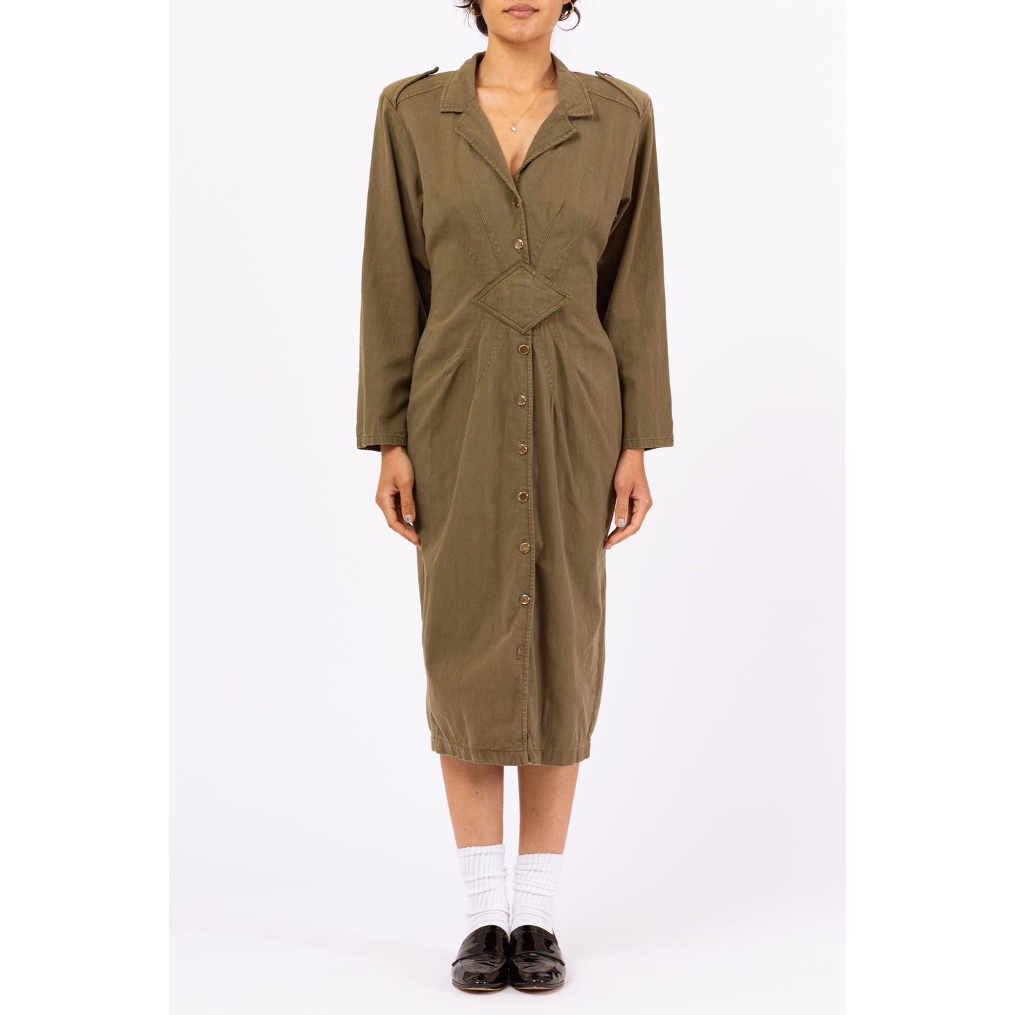 Vintage 90s Olive Green Military Style Midi Shirtdress - Medium | Deco Button Front Long Sleeve Cotton Midi Dress