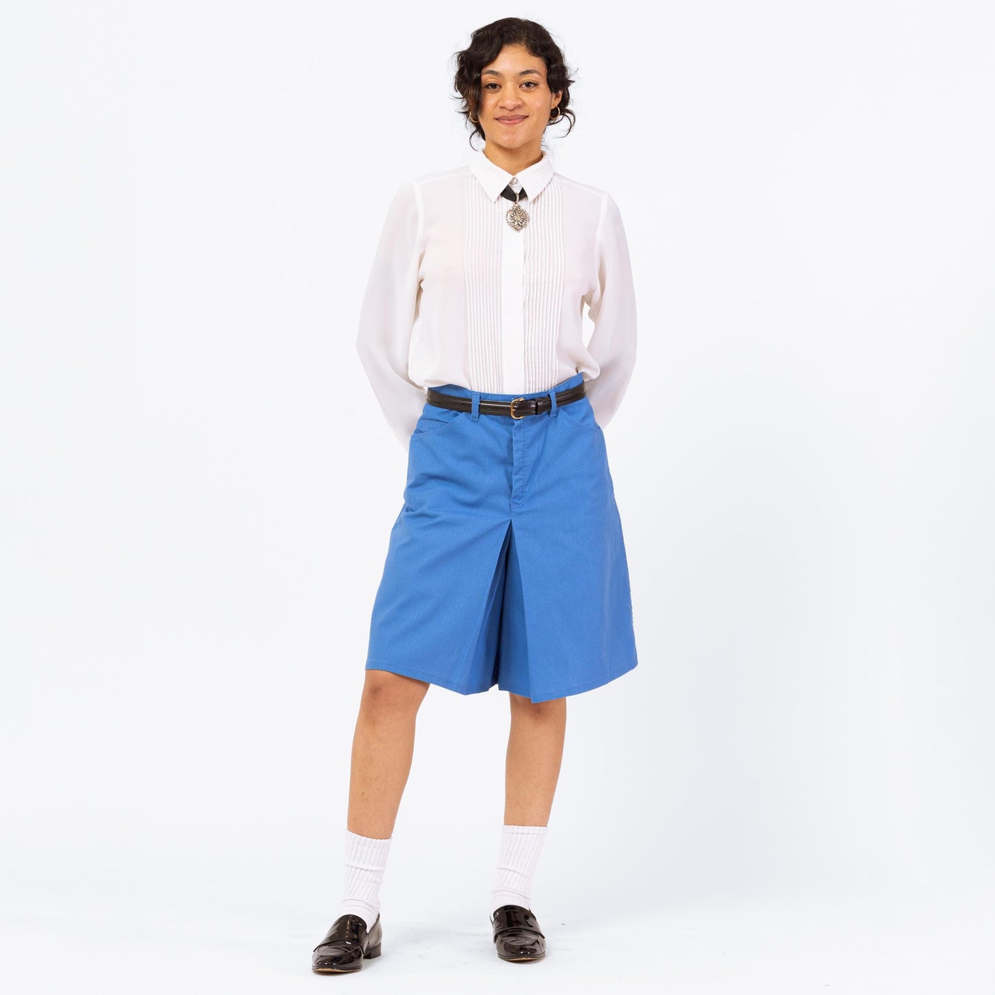 Vintage 70s Blue Preppy Culotte Split Front Shorts - Medium, 29" | High Waisted Wide Leg Skort, Retro Long Shorts