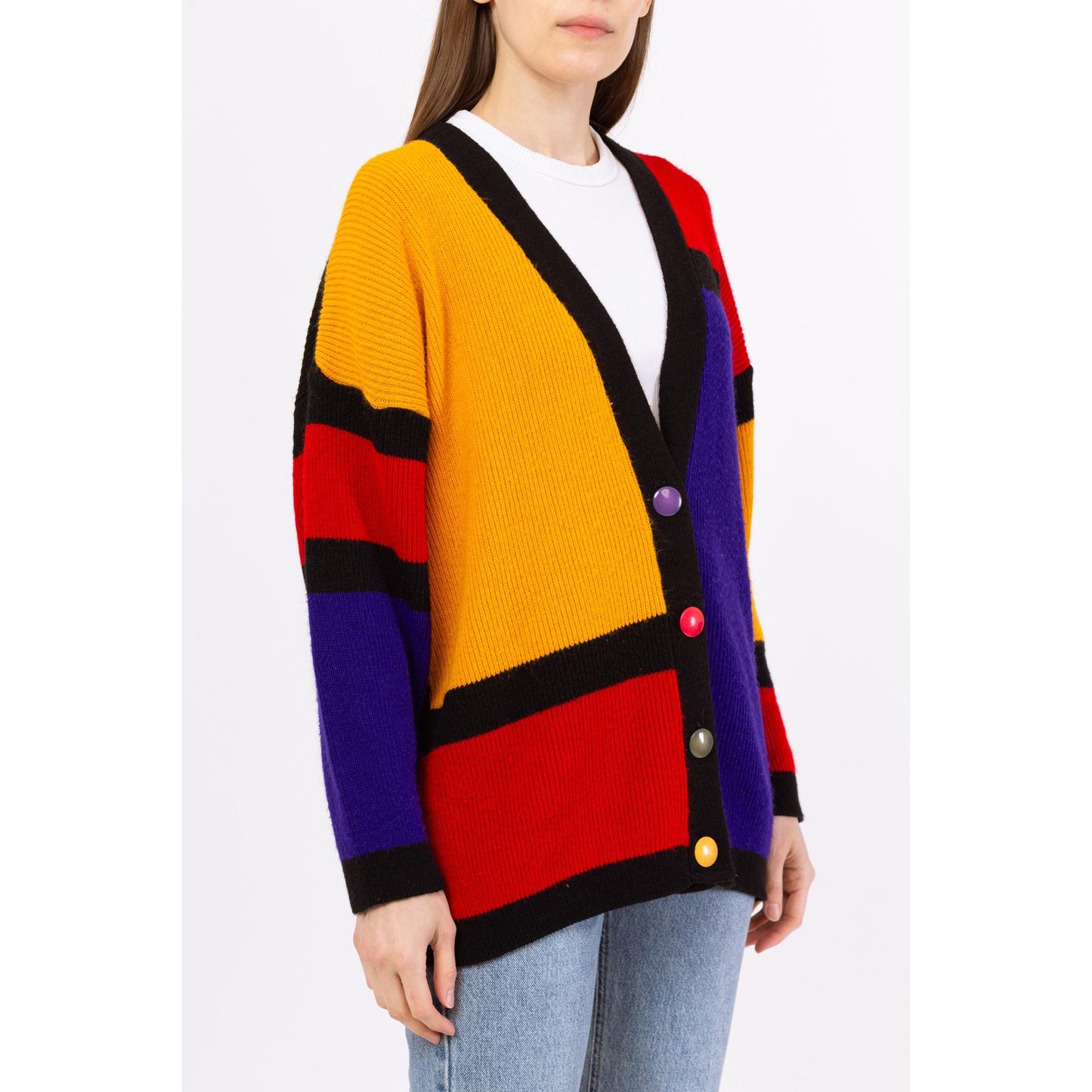 Vintage 80s Color Block Mondrian Cardigan - Small | Retro Oversize Geometric Knit Button Up Sweater