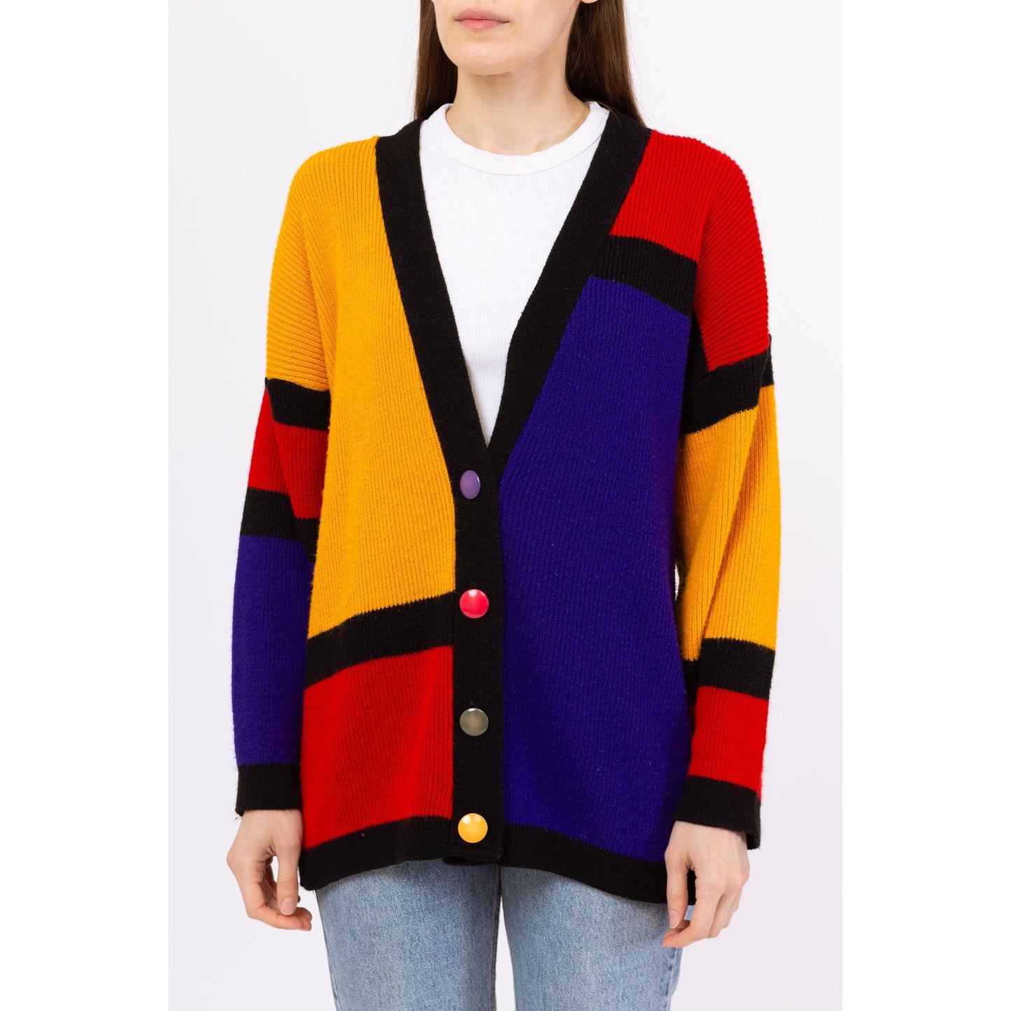 Vintage 80s Color Block Mondrian Cardigan - Small | Retro Oversize Geometric Knit Button Up Sweater