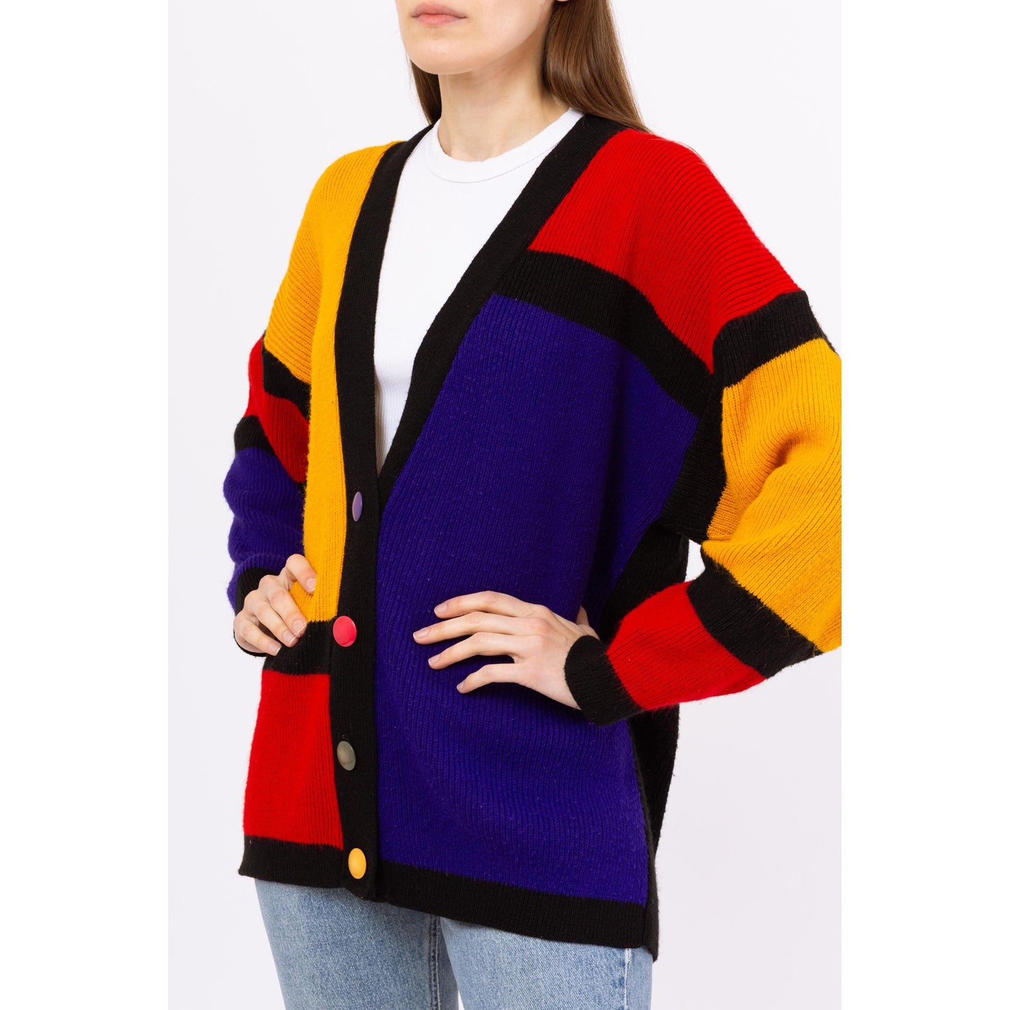 Vintage 80s Color Block Mondrian Cardigan - Small | Retro Oversize Geometric Knit Button Up Sweater