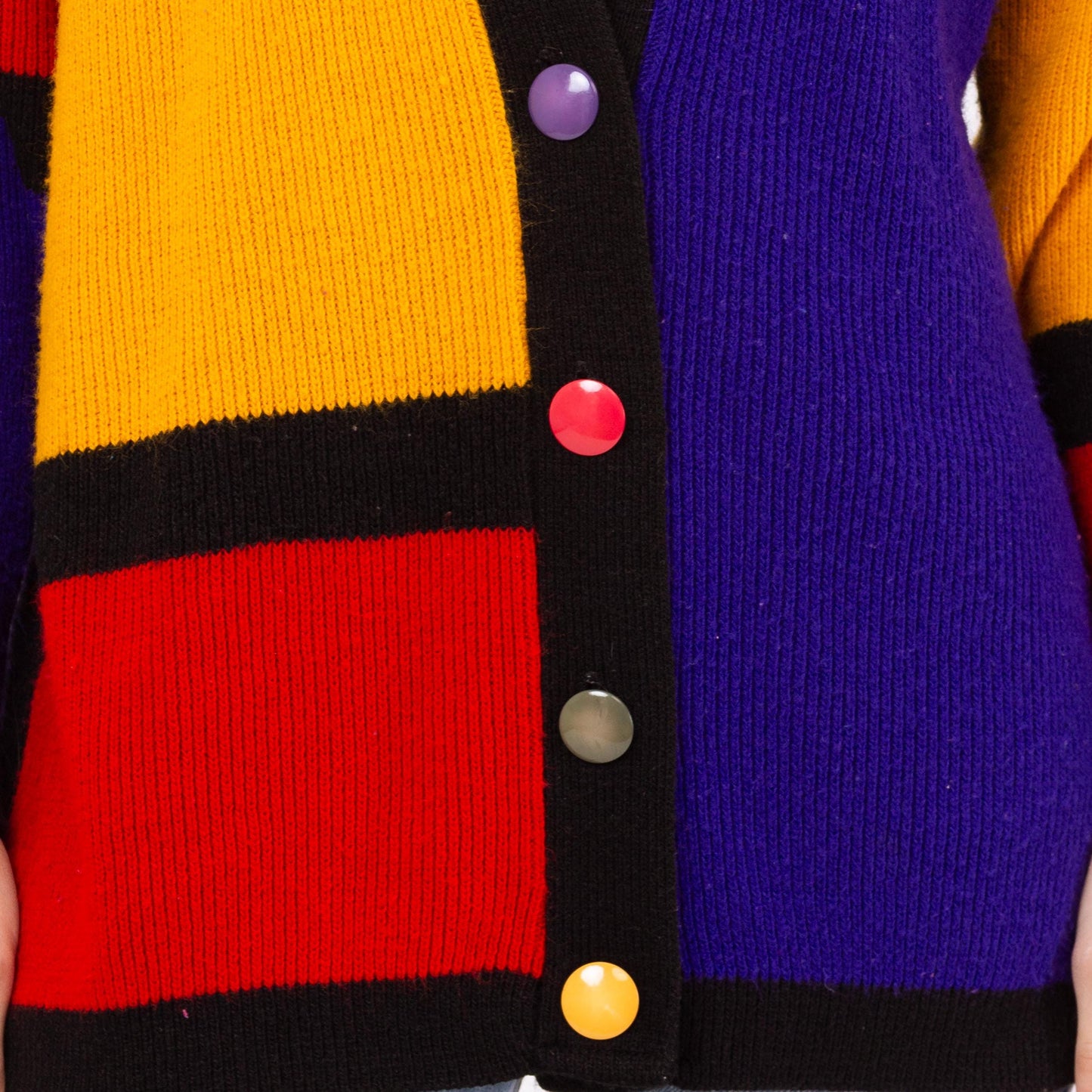 Vintage 80s Color Block Mondrian Cardigan - Small | Retro Oversize Geometric Knit Button Up Sweater