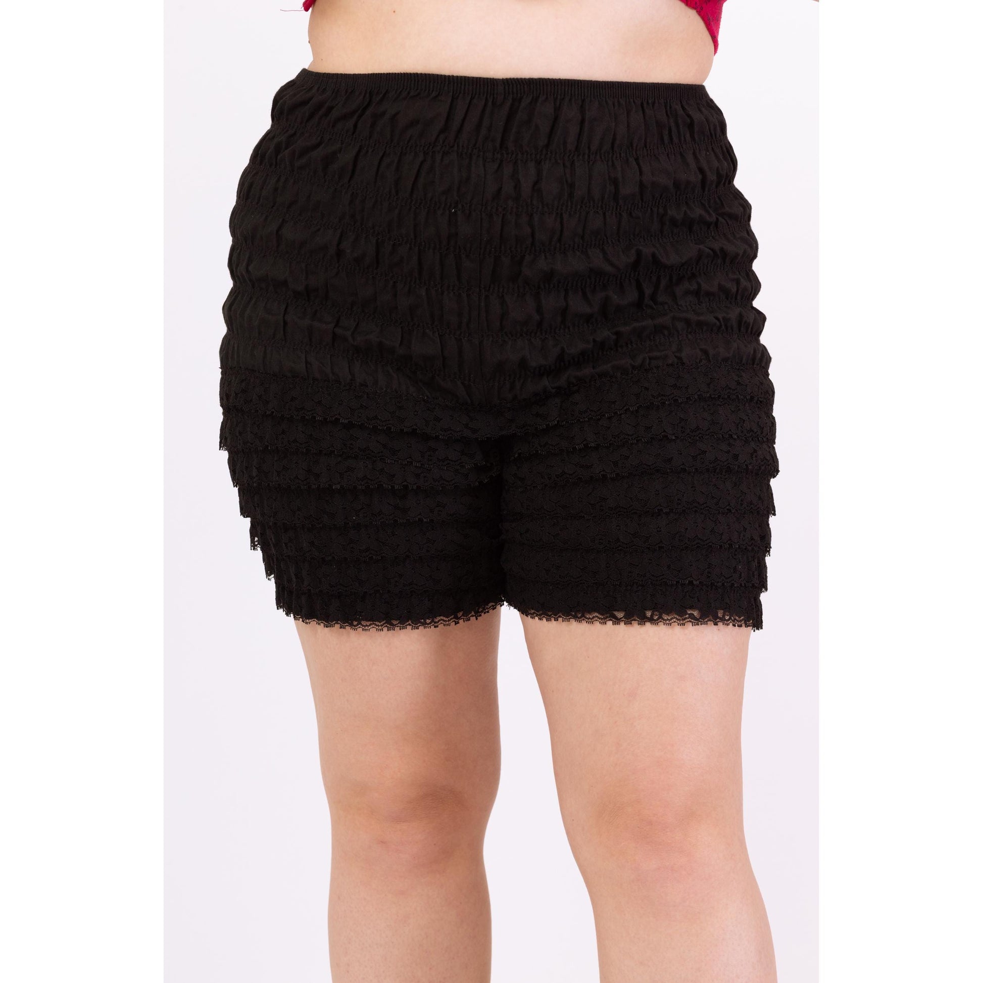 Vintage 70s Black Ruffle Bloomers Shorts - Large | Elastic Waist Cottagecore Lingerie Bottoms, High Rise Festival Burlesque Piece