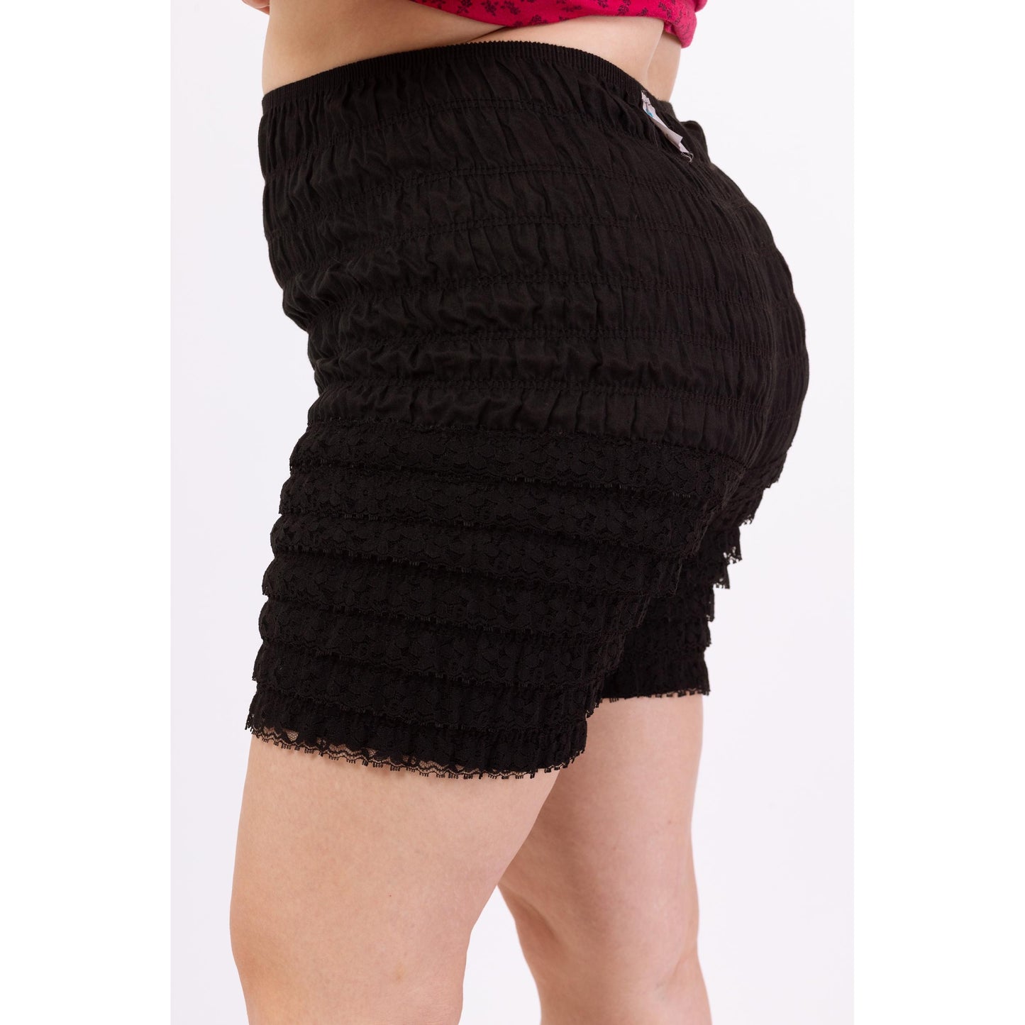 Vintage 70s Black Ruffle Bloomers Shorts - Large | Elastic Waist Cottagecore Lingerie Bottoms, High Rise Festival Burlesque Piece