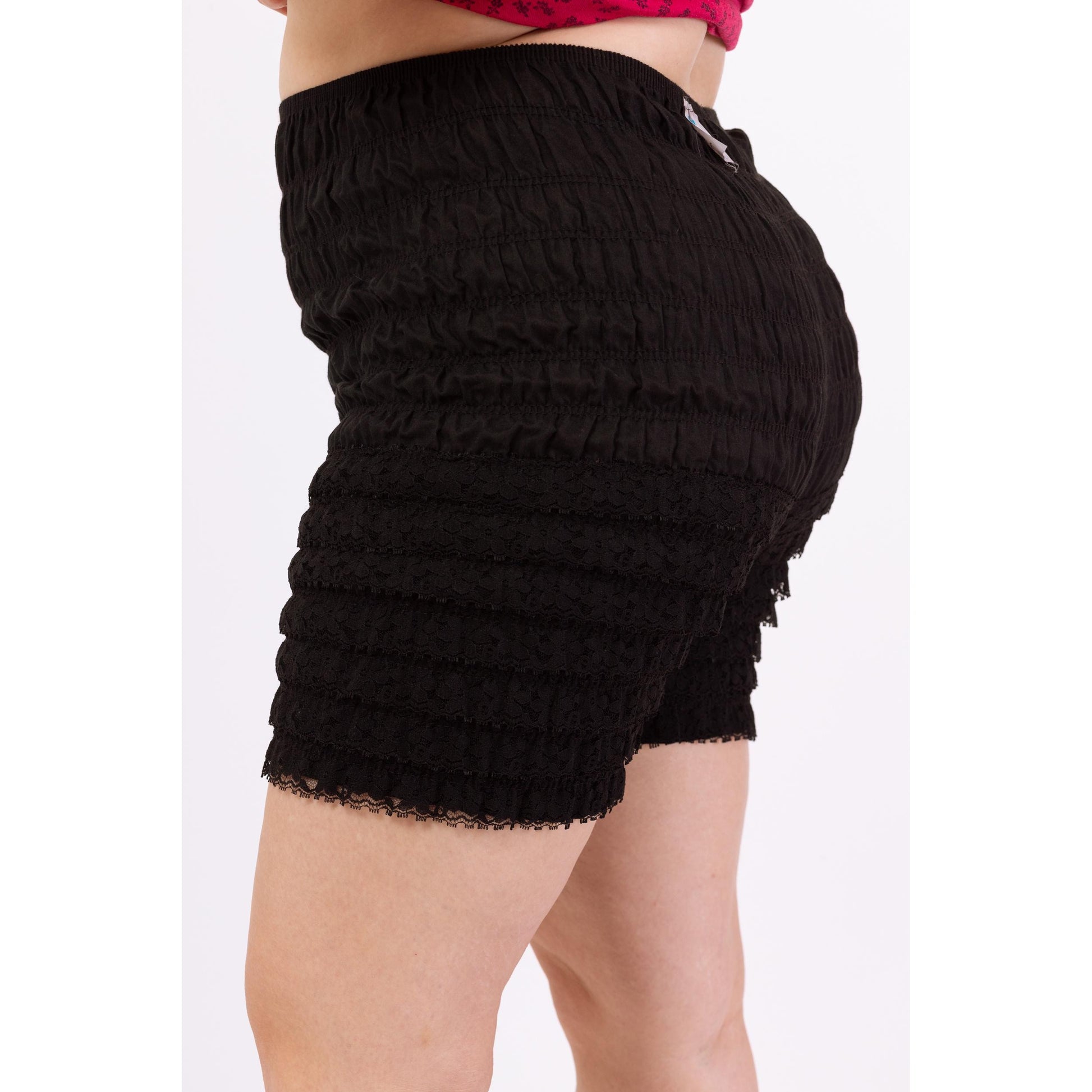 Vintage 70s Black Ruffle Bloomers Shorts - Large | Elastic Waist Cottagecore Lingerie Bottoms, High Rise Festival Burlesque Piece