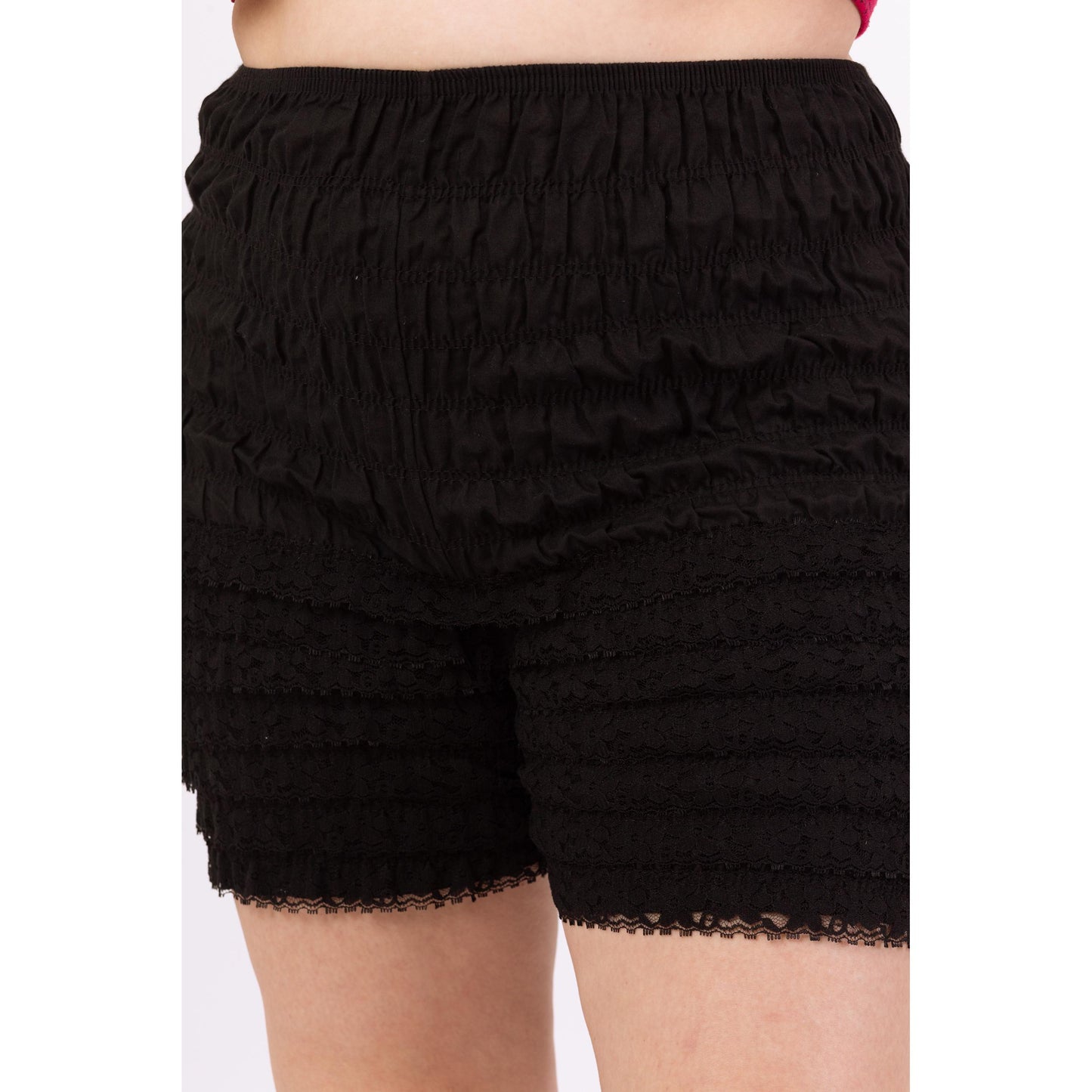 Vintage 70s Black Ruffle Bloomers Shorts - Large | Elastic Waist Cottagecore Lingerie Bottoms, High Rise Festival Burlesque Piece