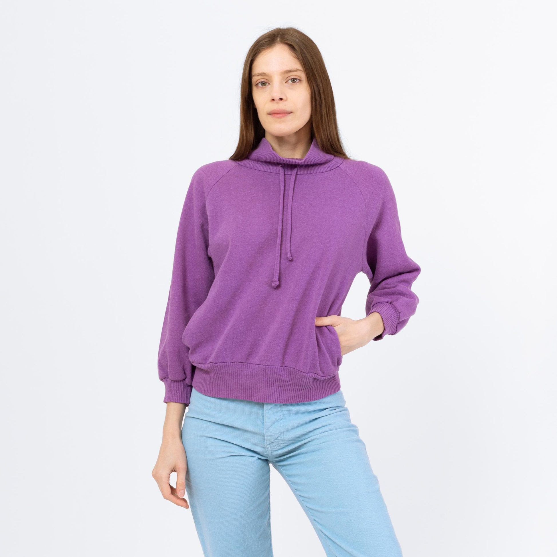 Vintage 80s Purple Funnel Neck Sweatshirt - Medium | Slouchy Drawstring Pullover, Raglan Sleeve Mockneck Sweater