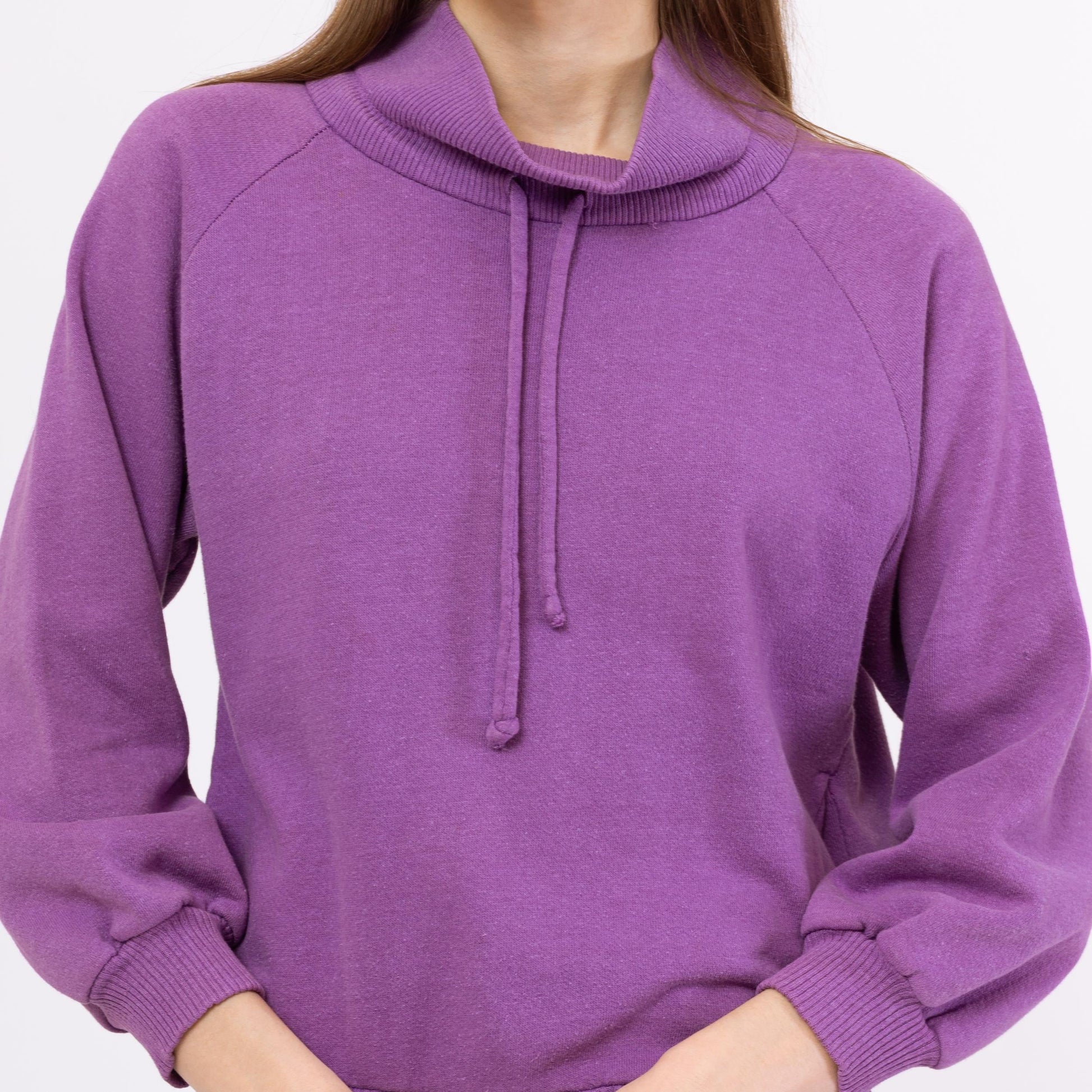 Vintage 80s Purple Funnel Neck Sweatshirt - Medium | Slouchy Drawstring Pullover, Raglan Sleeve Mockneck Sweater