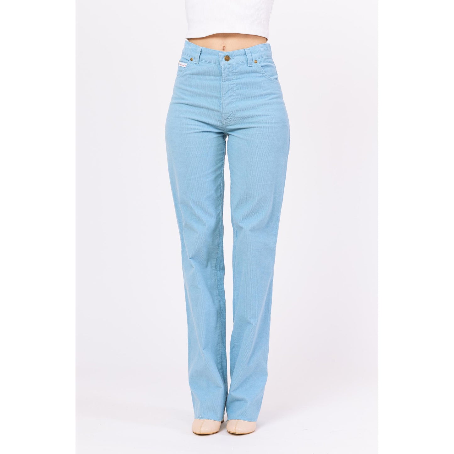 Vintage 80s Light Blue Corduroy High Waisted Pants - Small | Straight Leg Trousers, Tall Long Inseam Mid High Rise Cords