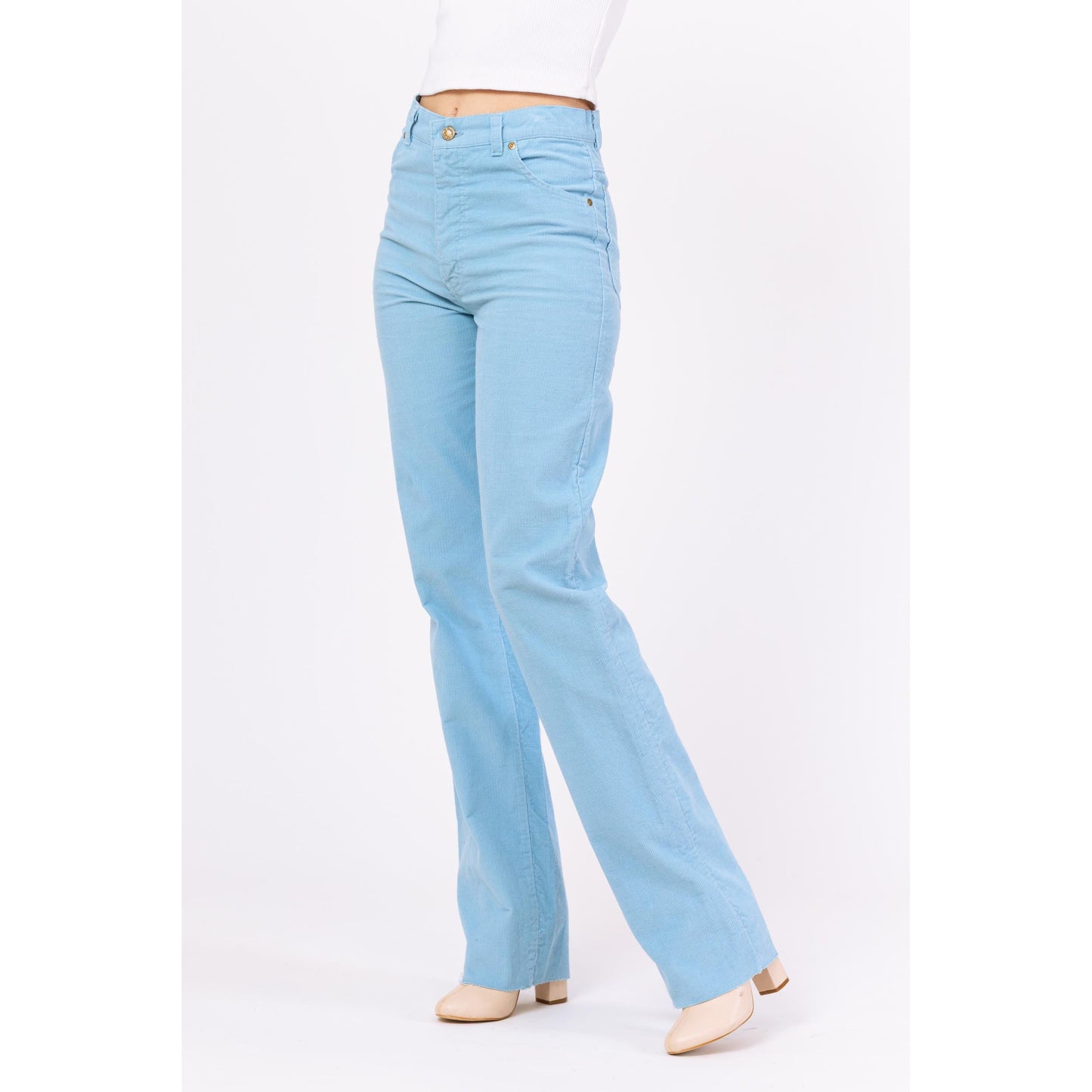 Vintage 80s Light Blue Corduroy High Waisted Pants - Small | Straight Leg Trousers, Tall Long Inseam Mid High Rise Cords