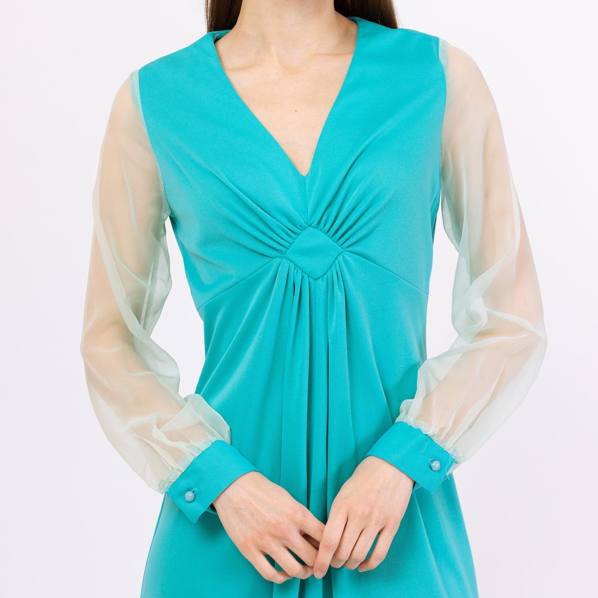 Vintage 70s Turquoise Sheer Sleeve Maxi Dress - Medium | Blue Long Sleeve Empire Waist Gown, 1970s Disco Party Prom Dress
