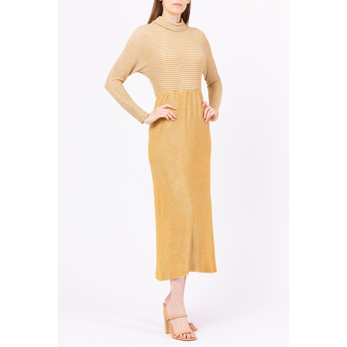 Vintage 70s Gold Lurex Knit Maxi Hostess Dress - Small | Metallic Long Dolman Sleeve Formal Disco Party Dress