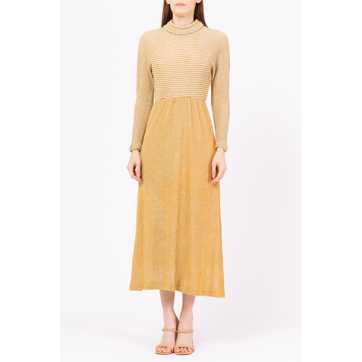 Vintage 70s Gold Lurex Knit Maxi Hostess Dress - Small | Metallic Long Dolman Sleeve Formal Disco Party Dress