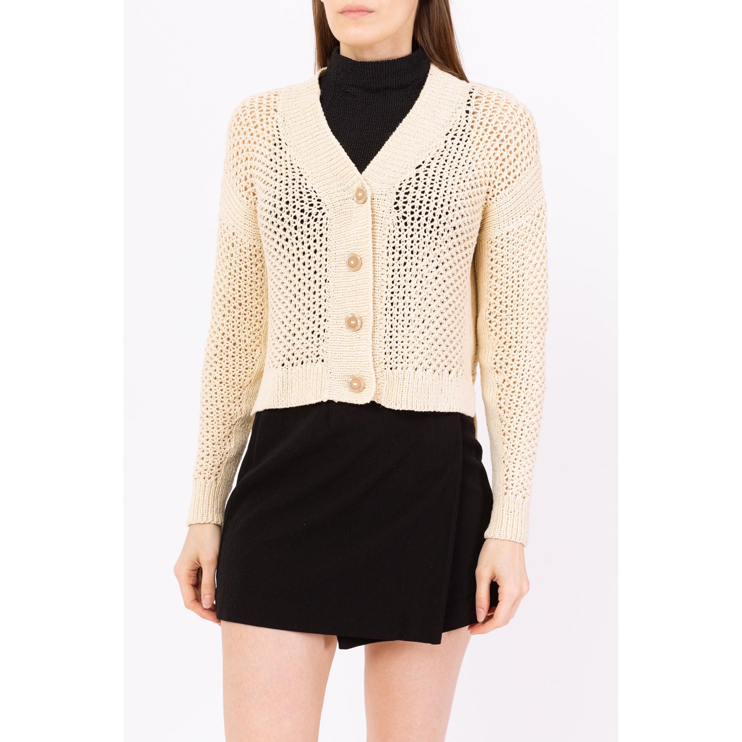 Vintage Y2K Cream Crochet Knit Cardigan - Small to Medium | Minimalist Cropped Button Up Open Weave Lightweight Sweater