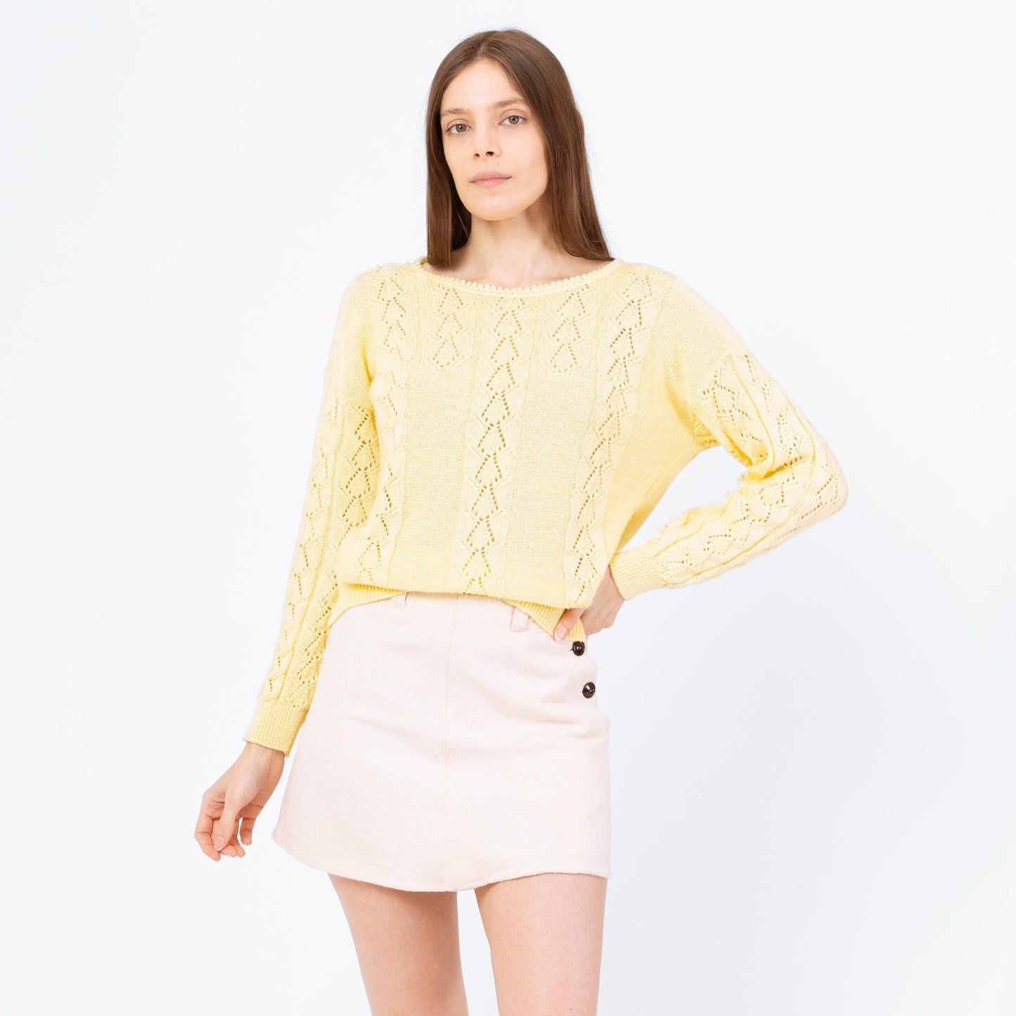 Vintage 70s Butter Yellow Eyelet Knit Sweater - Medium | Boho Lightweight Knit Pullover, Cottagecore Pastel Spring Sweater