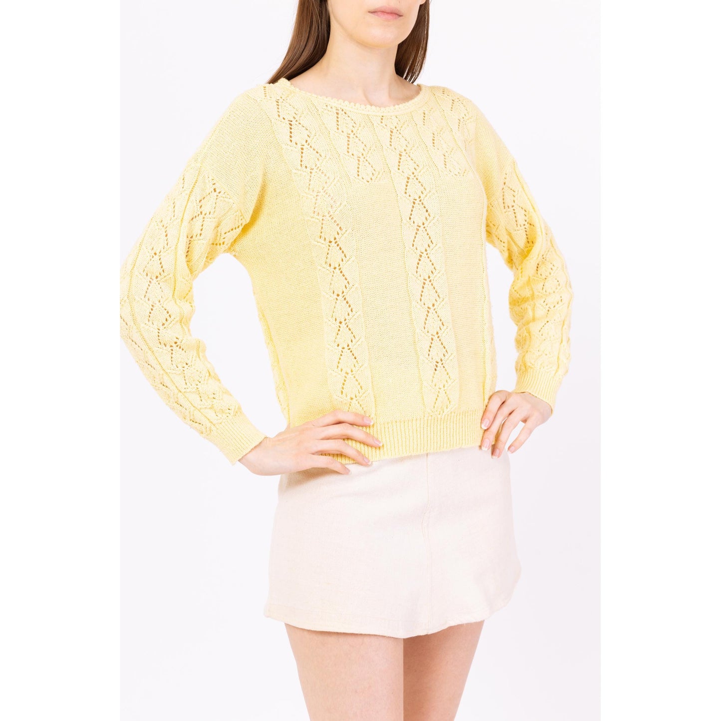 Vintage 70s Butter Yellow Eyelet Knit Sweater - Medium | Boho Lightweight Knit Pullover, Cottagecore Pastel Spring Sweater