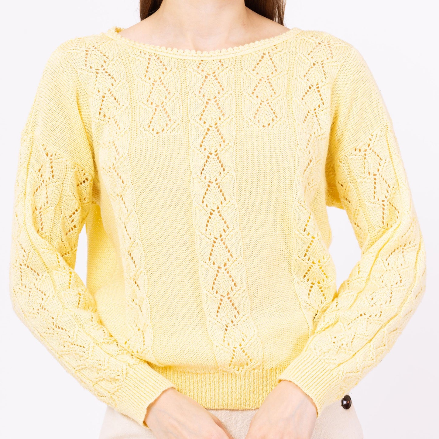 Vintage 70s Butter Yellow Eyelet Knit Sweater - Medium | Boho Lightweight Knit Pullover, Cottagecore Pastel Spring Sweater