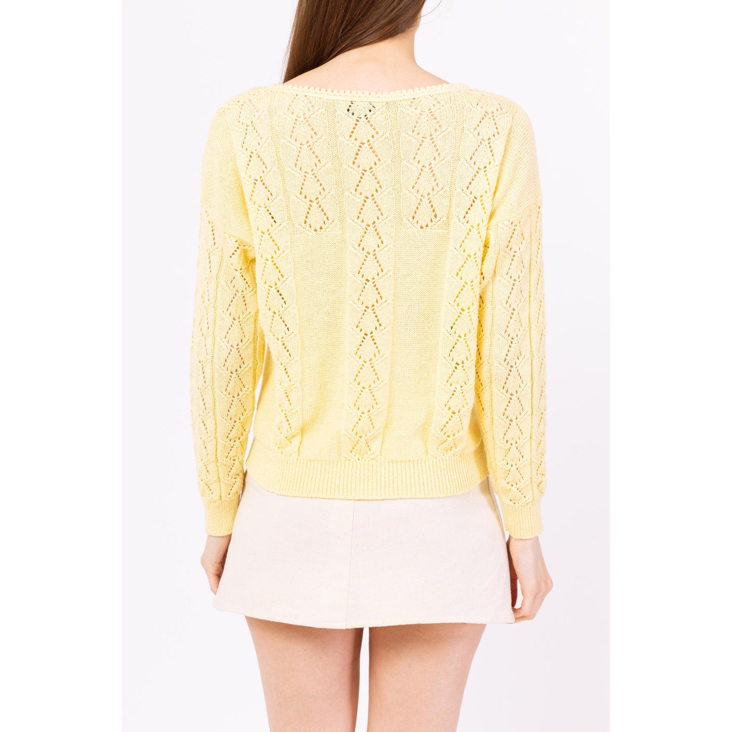 Vintage 70s Butter Yellow Eyelet Knit Sweater - Medium | Boho Lightweight Knit Pullover, Cottagecore Pastel Spring Sweater