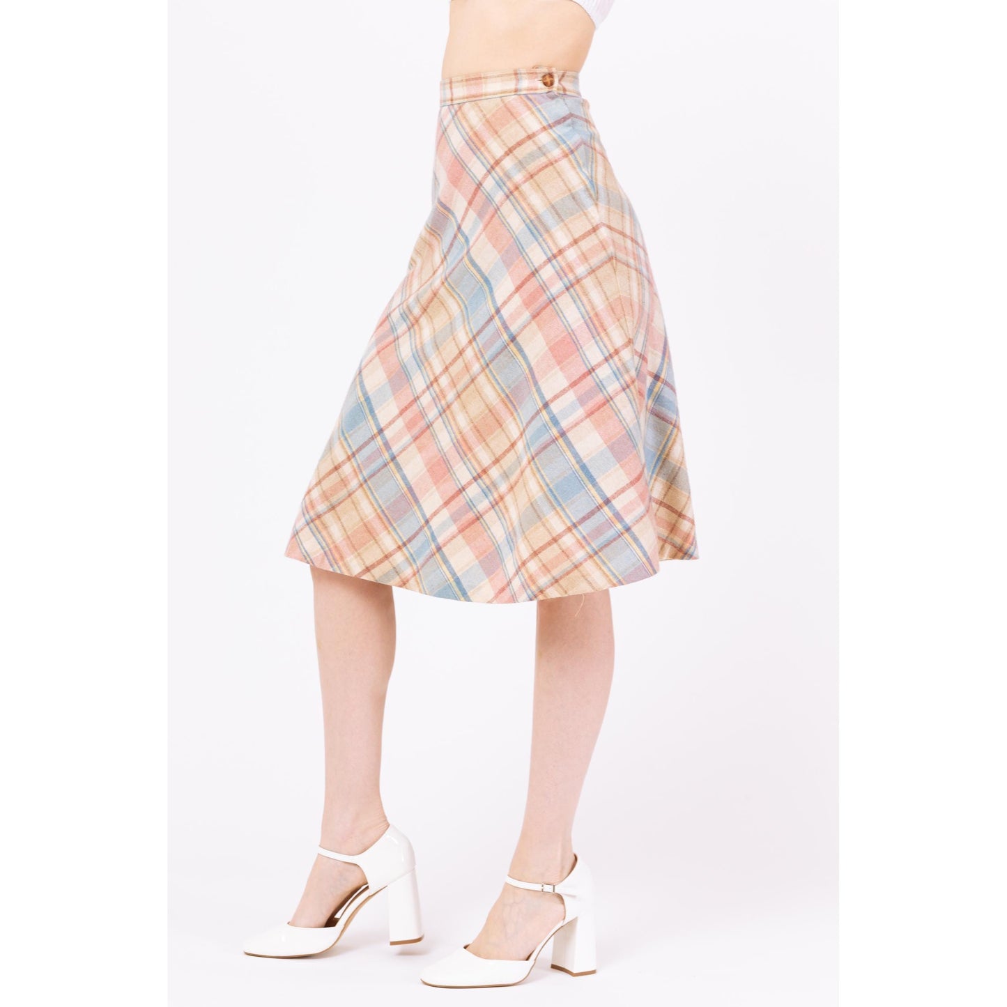 Vintage 70s Pastel Plaid Schoolgirl Midi Skirt - Extra Small, 23" Waist | Preppy Light Academia Outfit, A Line High Waisted Wool Knit Skirt
