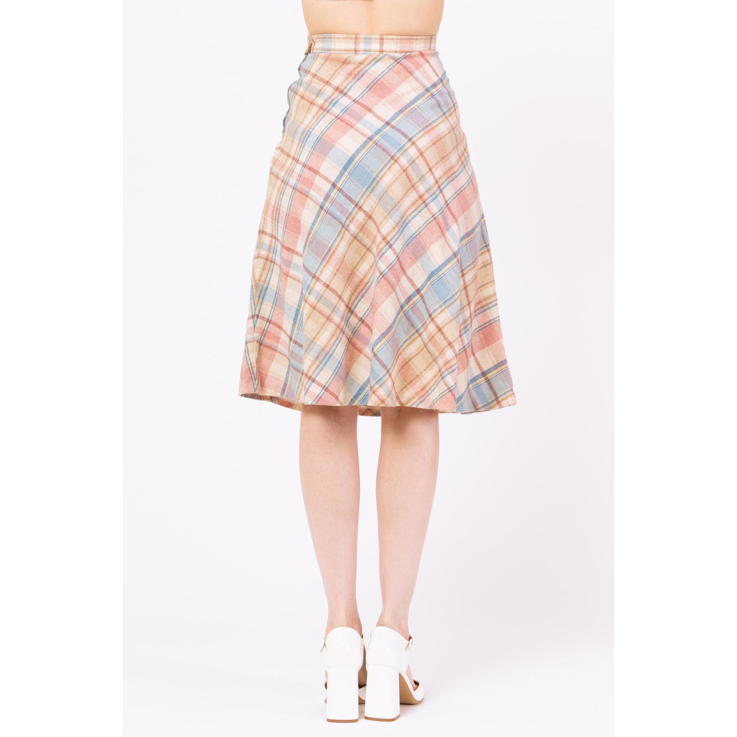 Vintage 70s Pastel Plaid Schoolgirl Midi Skirt - Extra Small, 23" Waist | Preppy Light Academia Outfit, A Line High Waisted Wool Knit Skirt