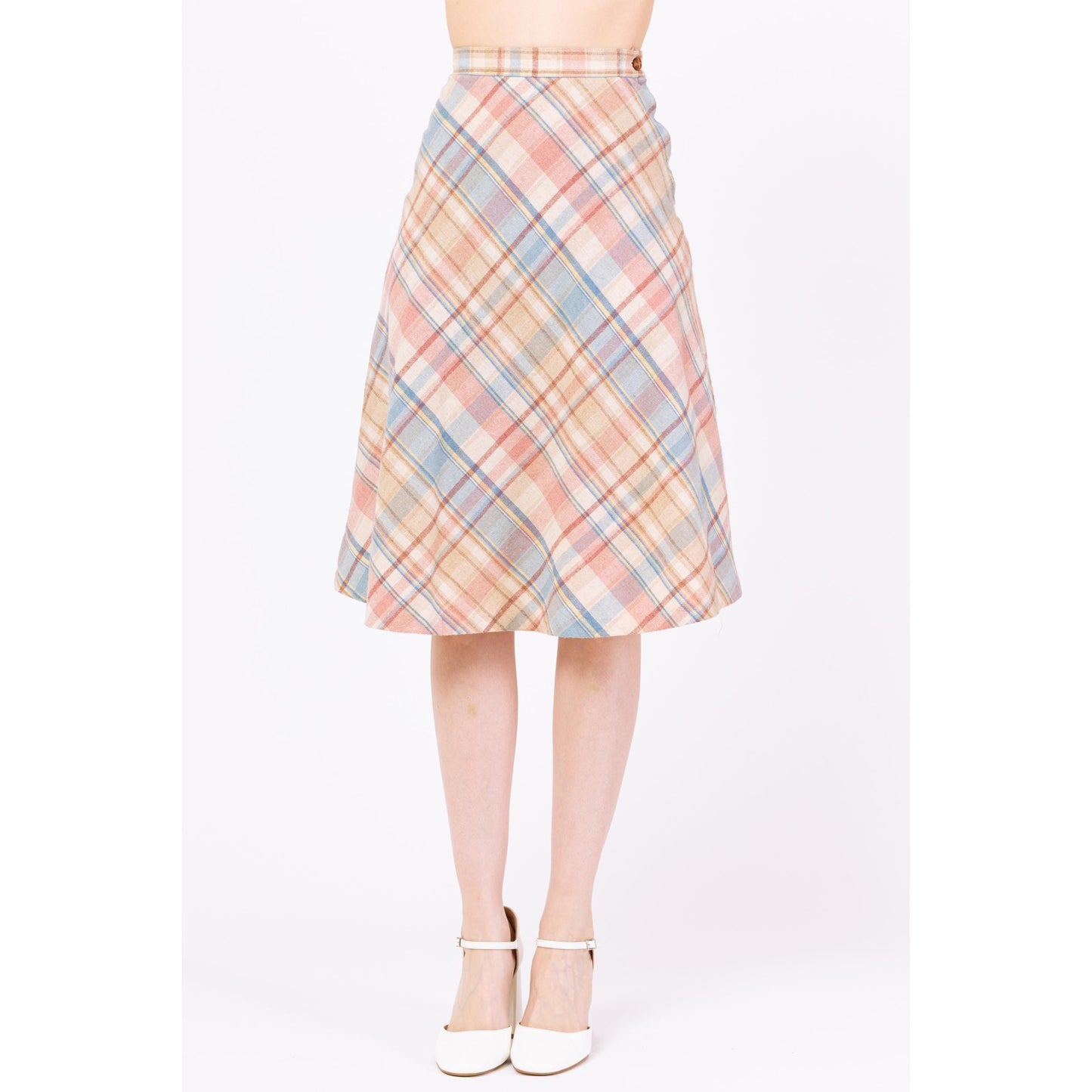Vintage 70s Pastel Plaid Schoolgirl Midi Skirt - Extra Small, 23" Waist | Preppy Light Academia Outfit, A Line High Waisted Wool Knit Skirt