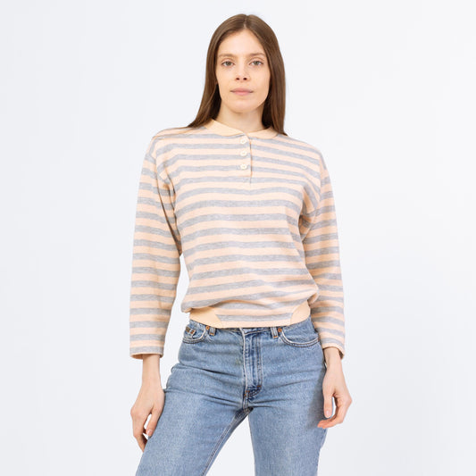 Vintage 80s Peach & Grey Striped Henley Sweatshirt - Medium | Vintage Slouchy Cropped Pullover Half Button Sweater