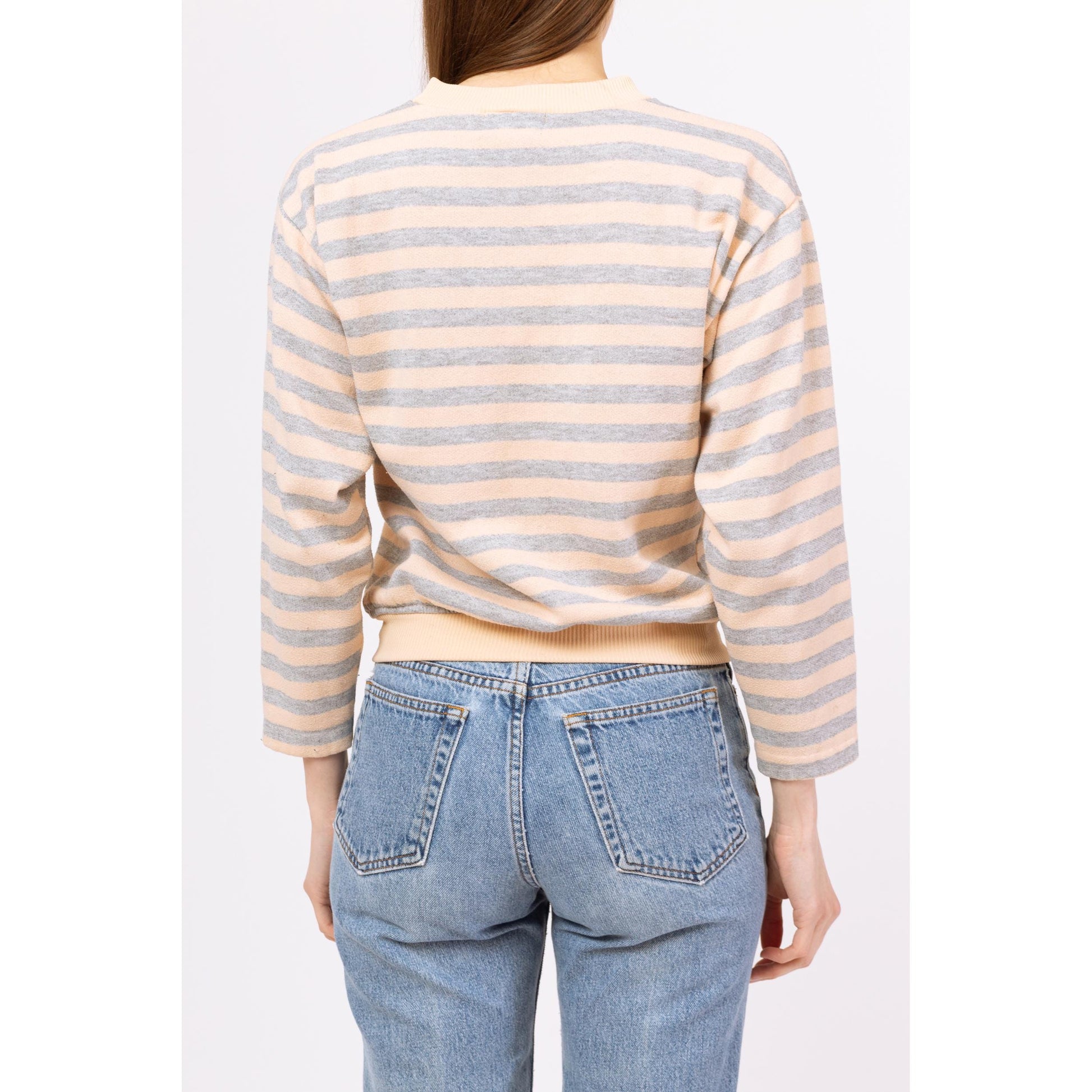 Vintage 80s Peach & Grey Striped Henley Sweatshirt - Medium | Vintage Slouchy Cropped Pullover Half Button Sweater