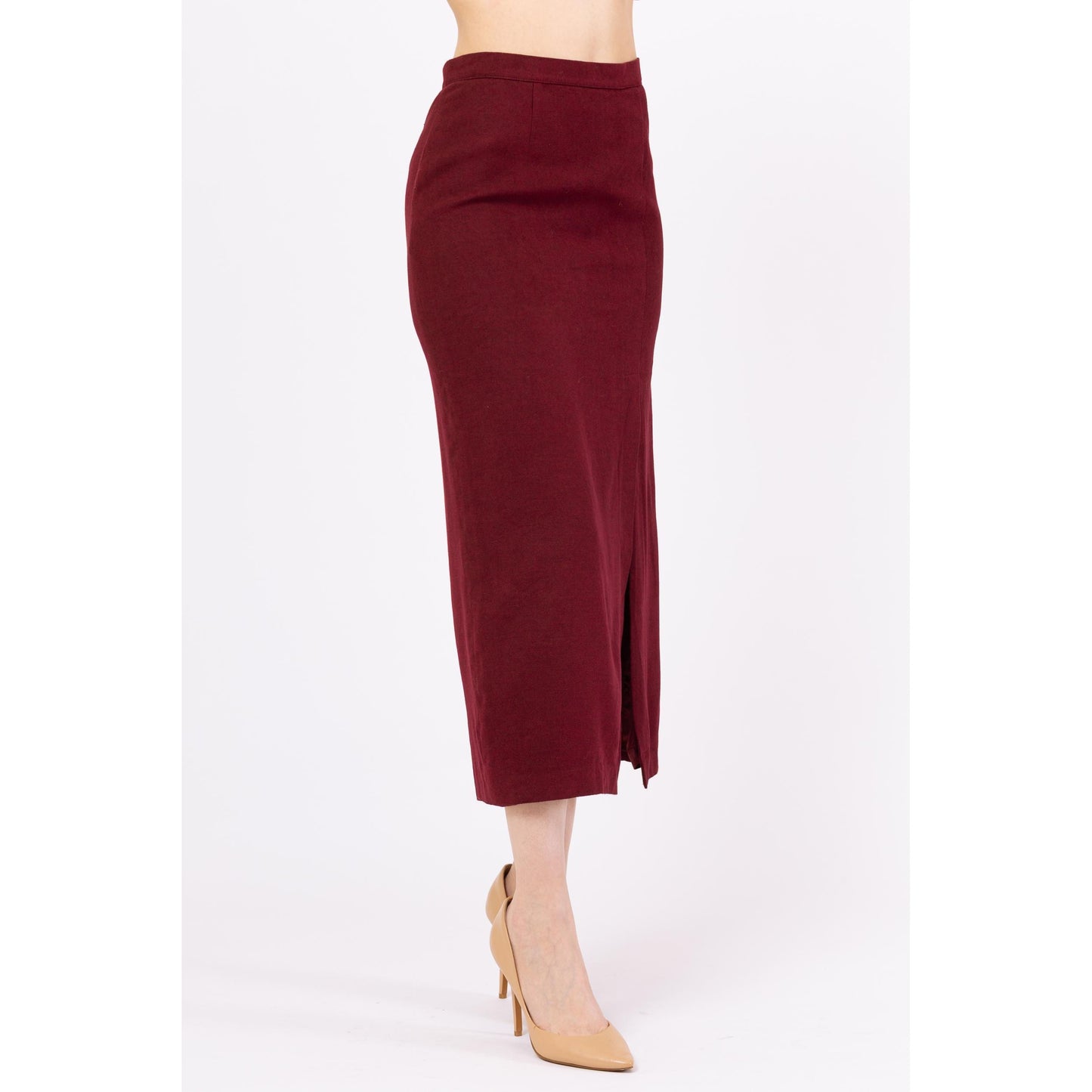 Vintage 90s Burberry Wine Red High Slit Midi Pencil Skirt - Small, 26.5" Waist | Designer Minimalist Cashmere Fitted Straight Office Skirt