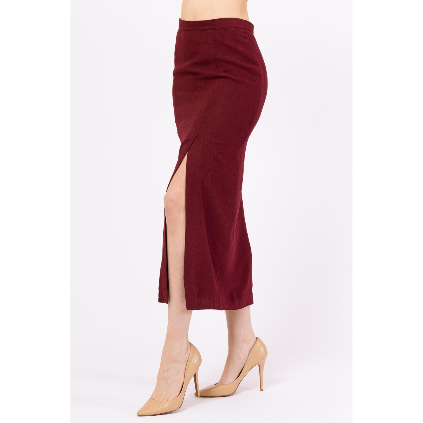 Vintage 90s Burberry Wine Red High Slit Midi Pencil Skirt - Small, 26.5" Waist | Designer Minimalist Cashmere Fitted Straight Office Skirt