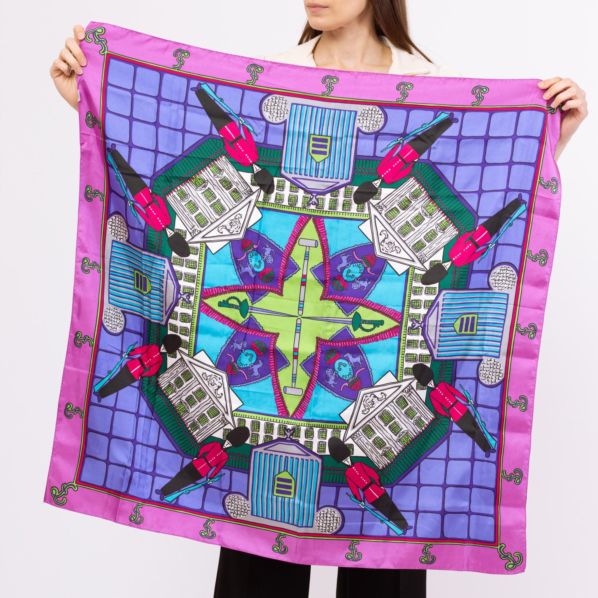 Vintage 90s Esprit Queen’s Guard London Print Large Square Scarf - 35"x35" | Made In Japan Novelty Bold Colorful Scarf Top
