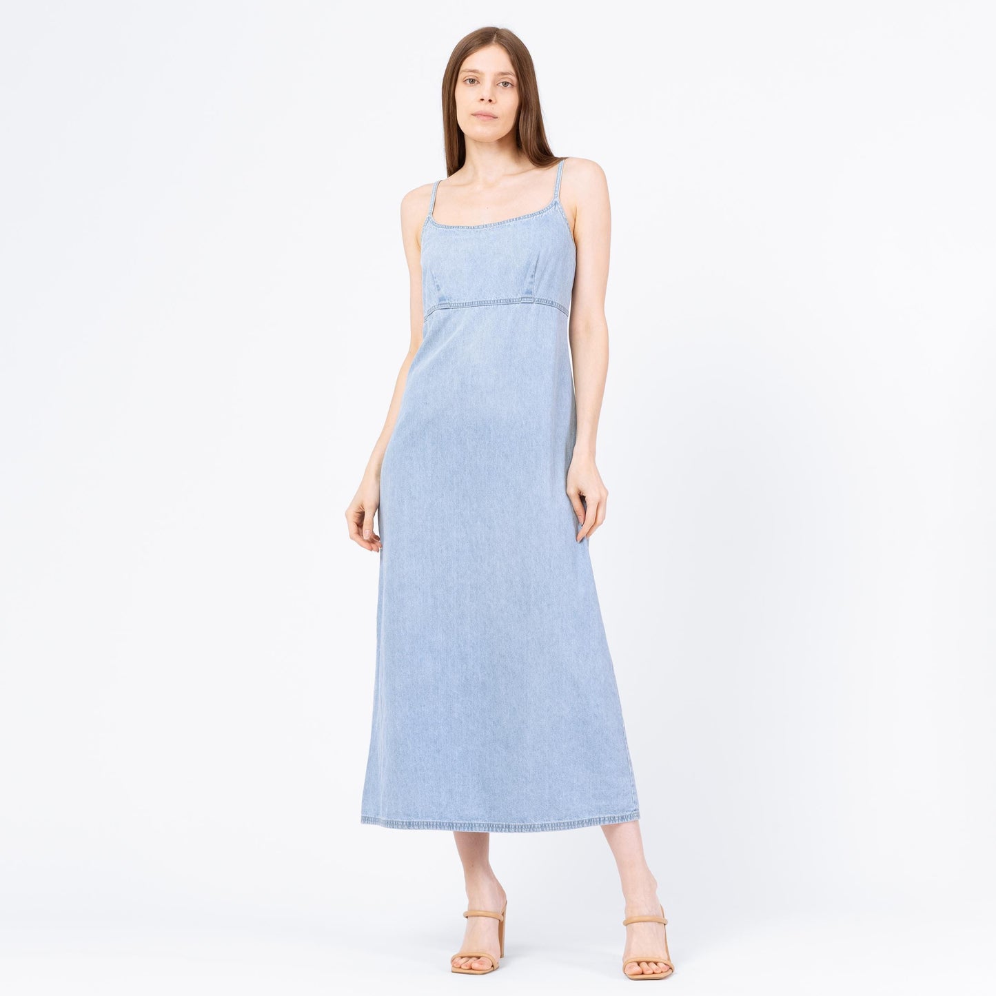 Vintage 90s Light Blue Chambray Maxi Dress - Small | Minimalist A Line Spaghetti Strap Grunge Denim Sundress