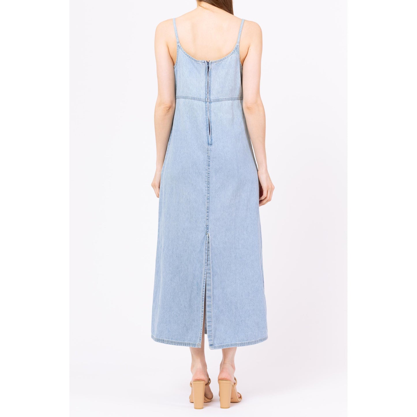 Vintage 90s Light Blue Chambray Maxi Dress - Small | Minimalist A Line Spaghetti Strap Grunge Denim Sundress