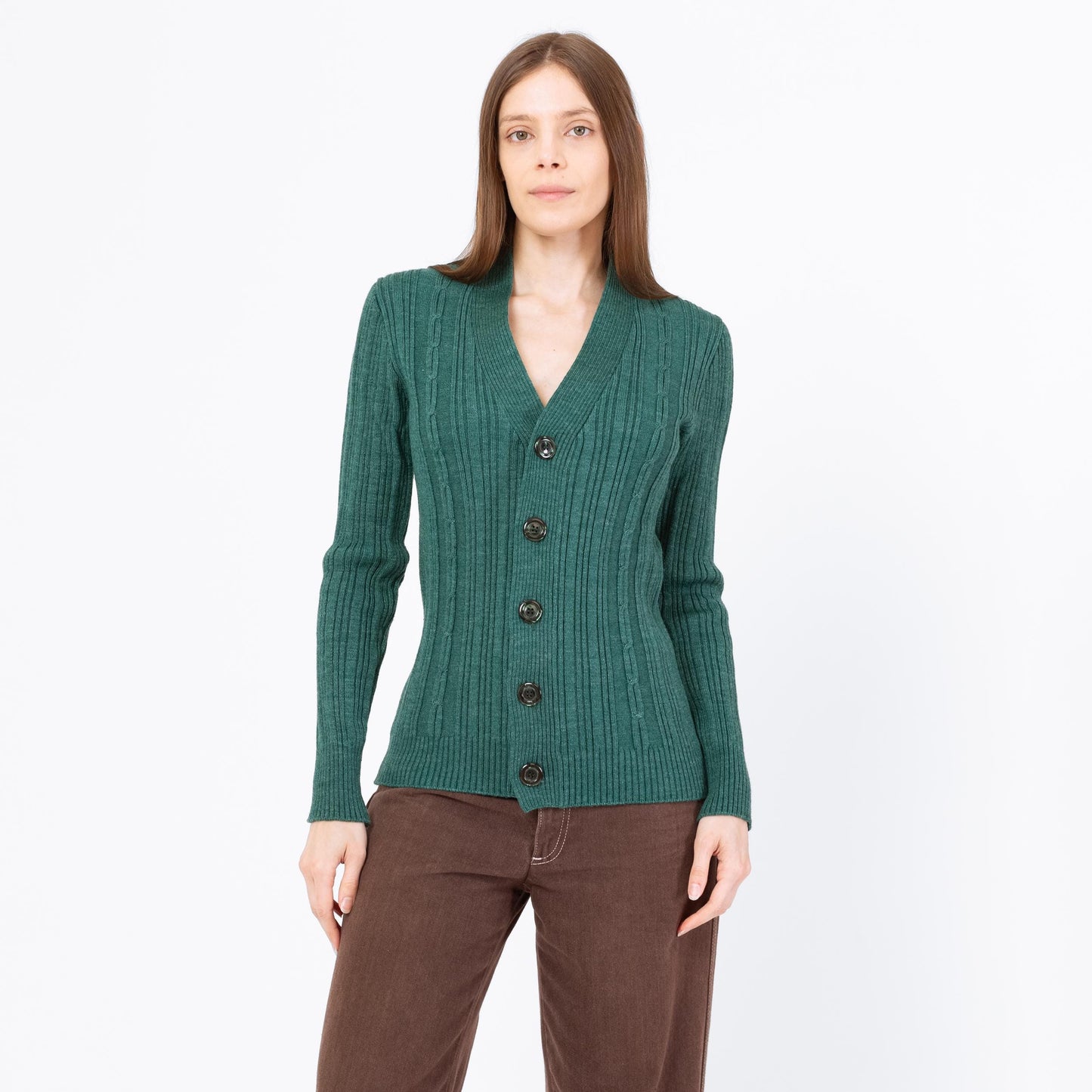 Vintage 80s Emerald Green Cable Knit Fitted Cardigan - Small | Button Up V Neck Lightweight Sweater