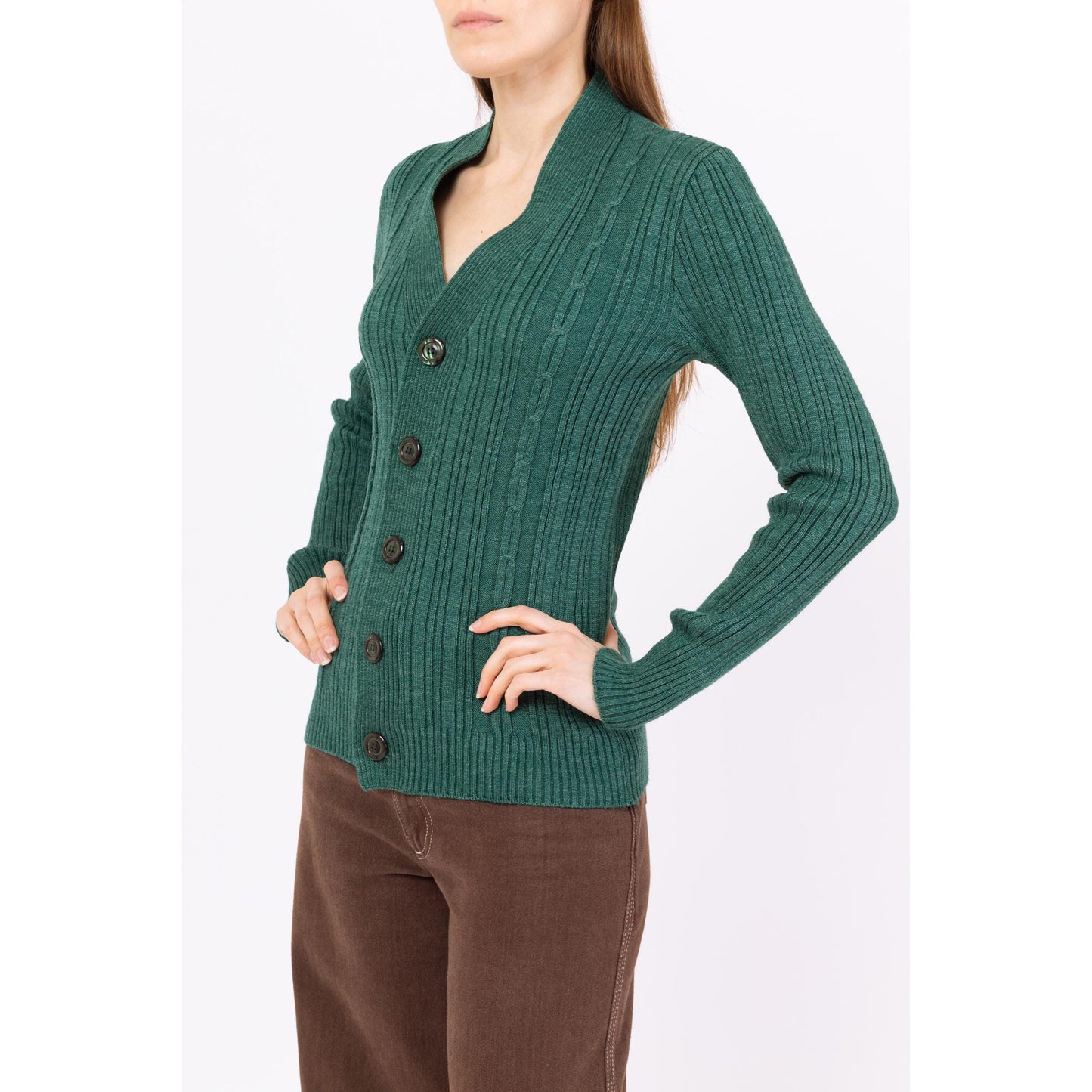 Vintage 80s Emerald Green Cable Knit Fitted Cardigan - Small | Button Up V Neck Lightweight Sweater