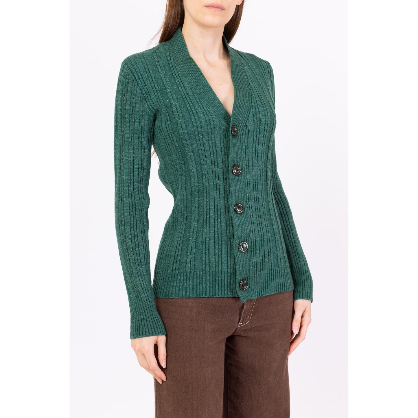 Vintage 80s Emerald Green Cable Knit Fitted Cardigan - Small | Button Up V Neck Lightweight Sweater