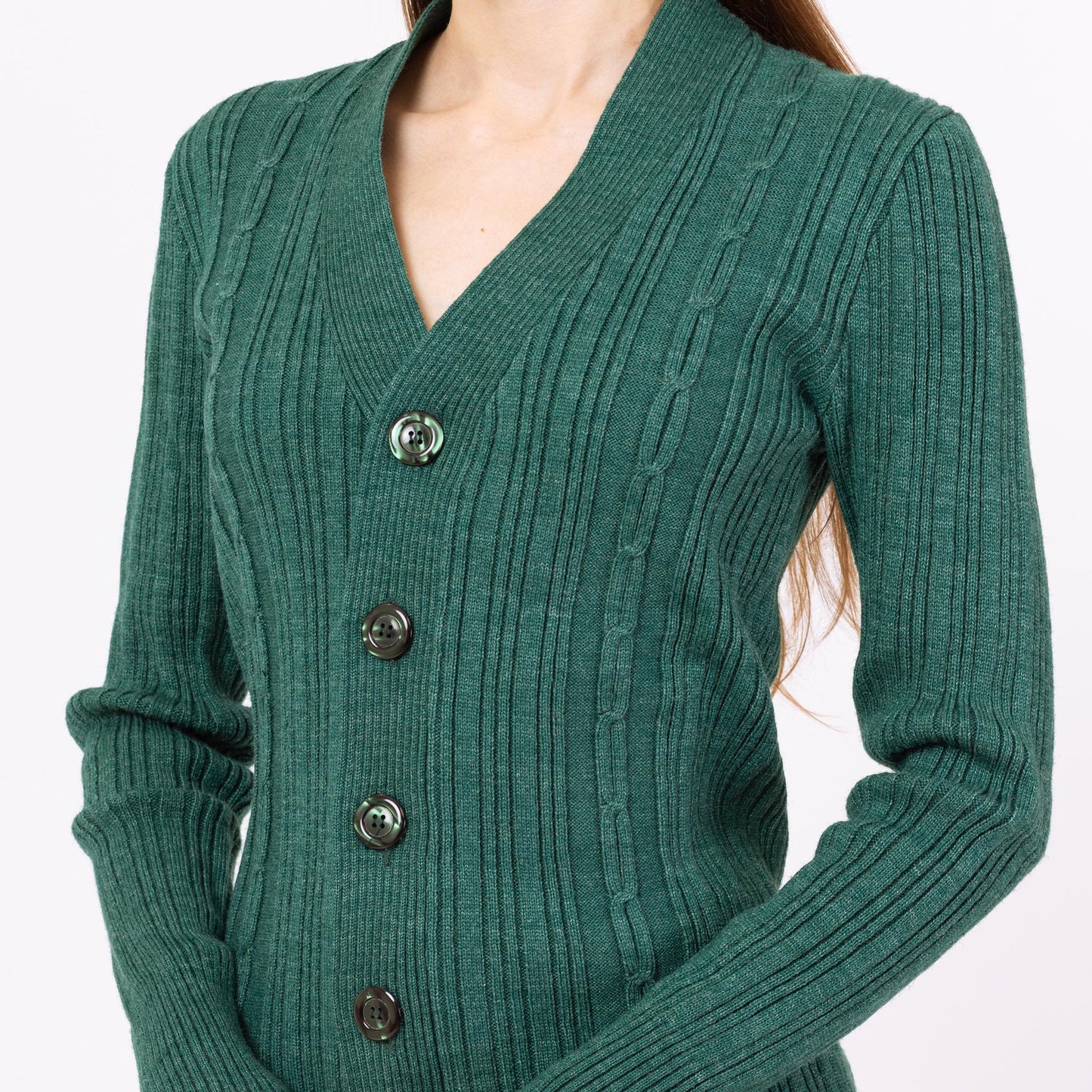 Vintage 80s Emerald Green Cable Knit Fitted Cardigan - Small | Button Up V Neck Lightweight Sweater