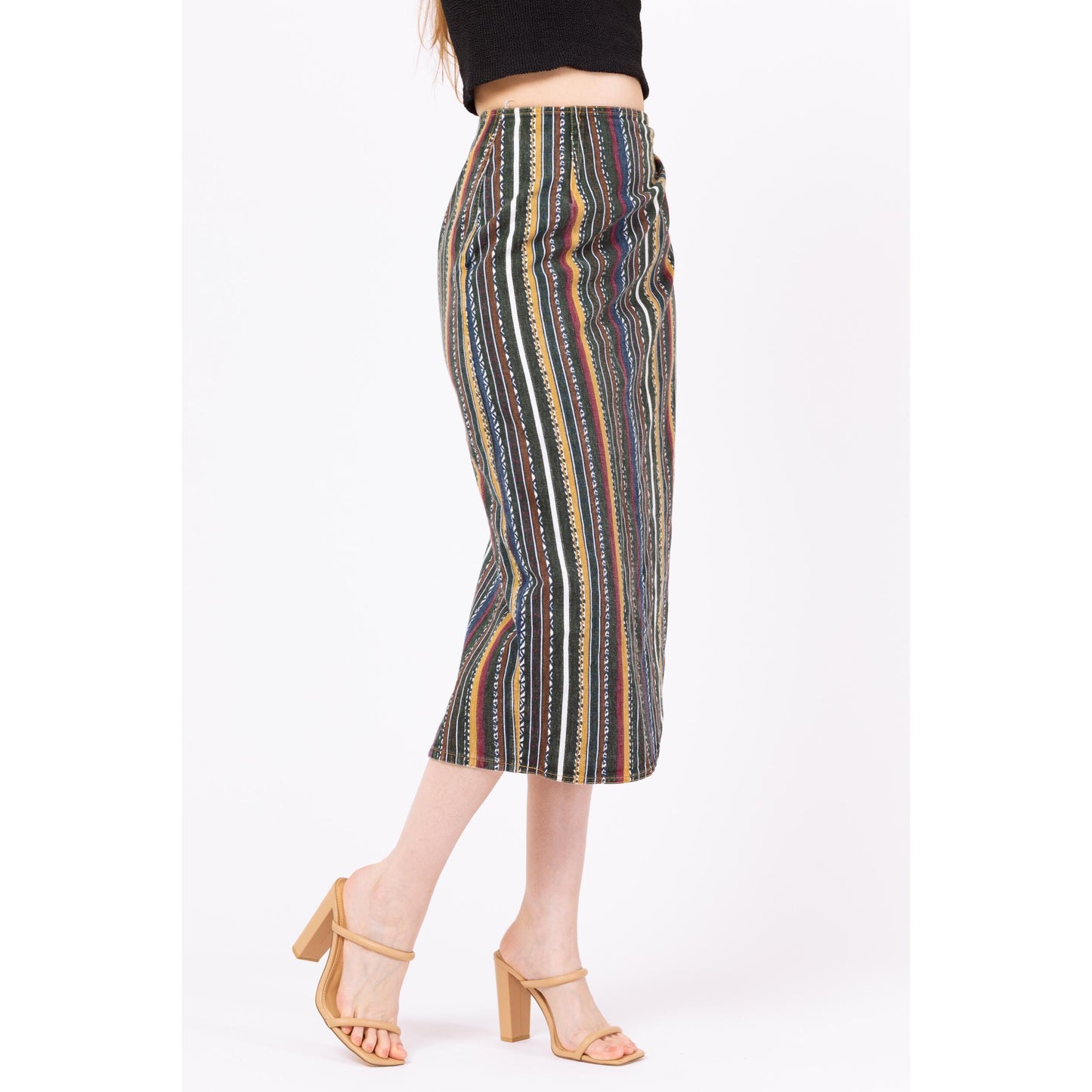 Vintage 90s Southwestern Striped Denim Midi Wrap Skirt - Extra Small, 24" Waist | High Waisted Green Earth Tone Boho Grunge Jean Skirt